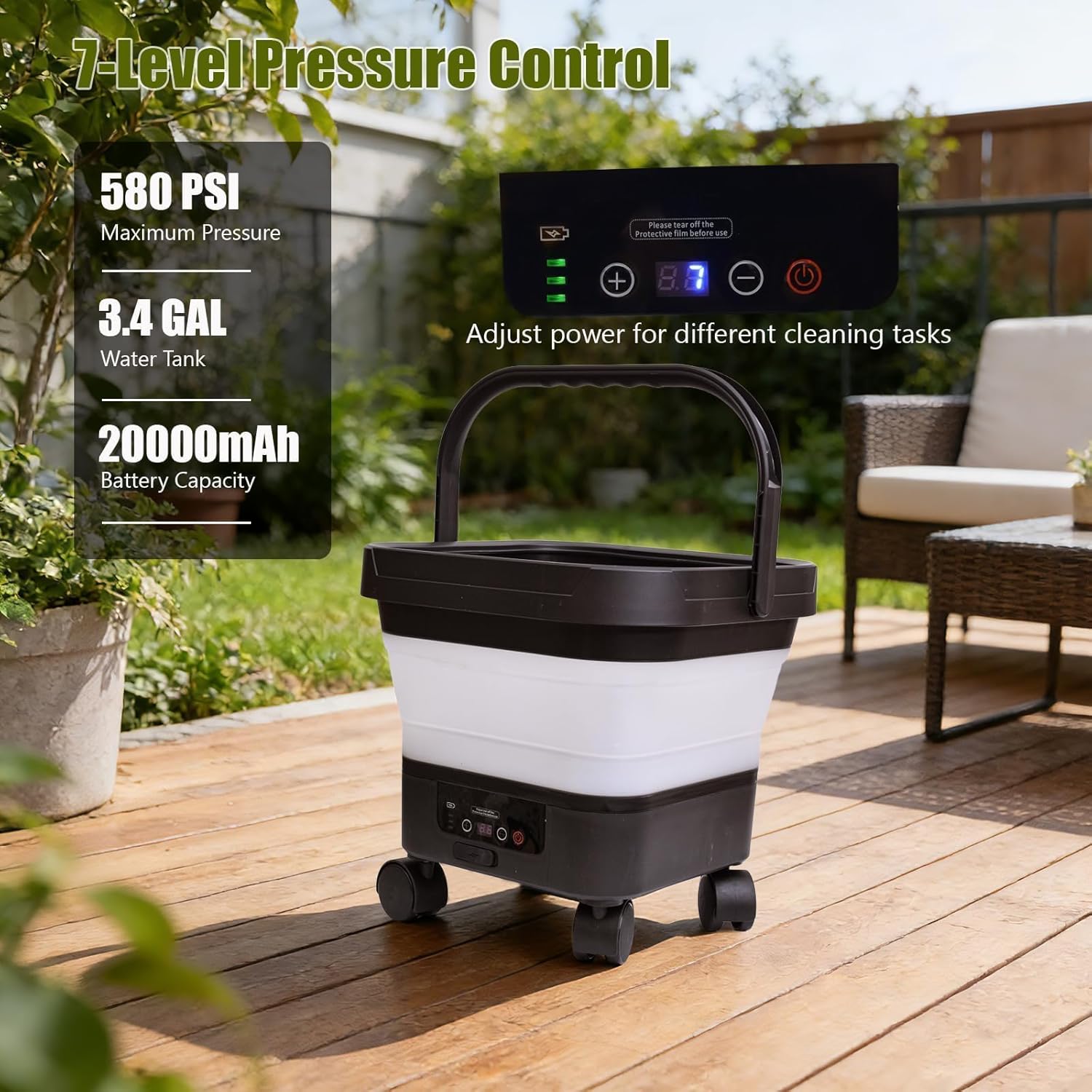 Portable Cordless Pressure Washer with 3.4Gal Tank, 580PSI Max, 7-Level Adjustable Sprayer, 360° Nozzle, 23FT Hose, 20000mAh Battery, Foldable Design with Wheels for Car, Camping, Garden