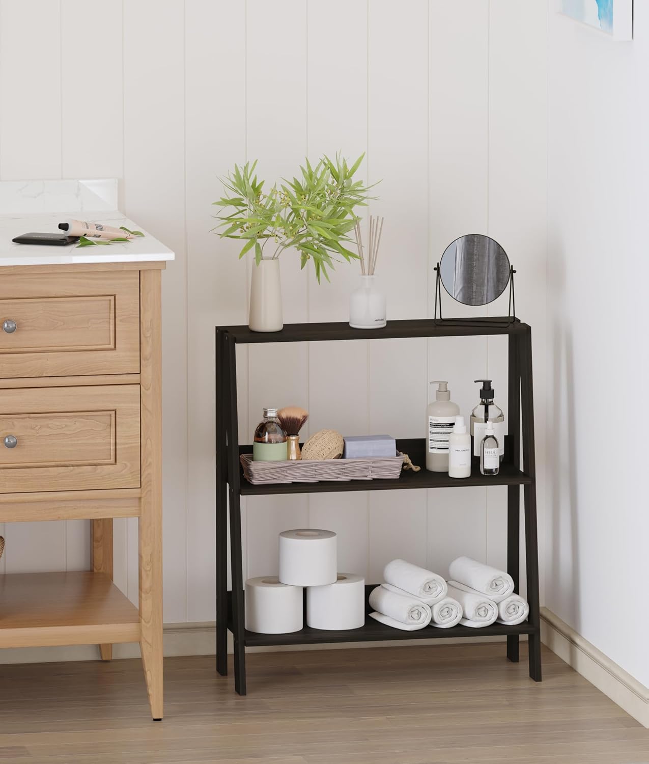 2 Tier Bathroom Ladder Shelf, Bathroom Ladder Shelves, Storage Organizer for Small Space, Freestanding Open Shelving Display Stand for Living Room Bedroom Kitchen, Black