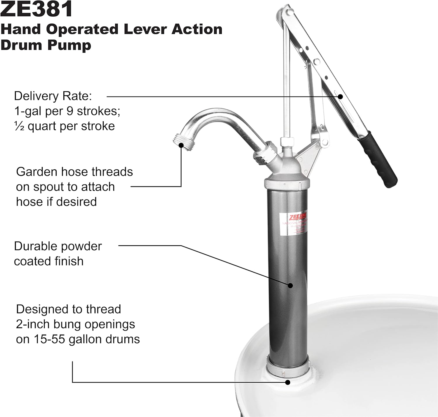 Zeeline By Milton ZE381, Lever Action Pump for 15-55 Gallon Drum Pump, 1 Gallon per 9 Strokes, Barrel Pump Hand Operated, Telescoping Suction Tube with 3 Different Locking Positions