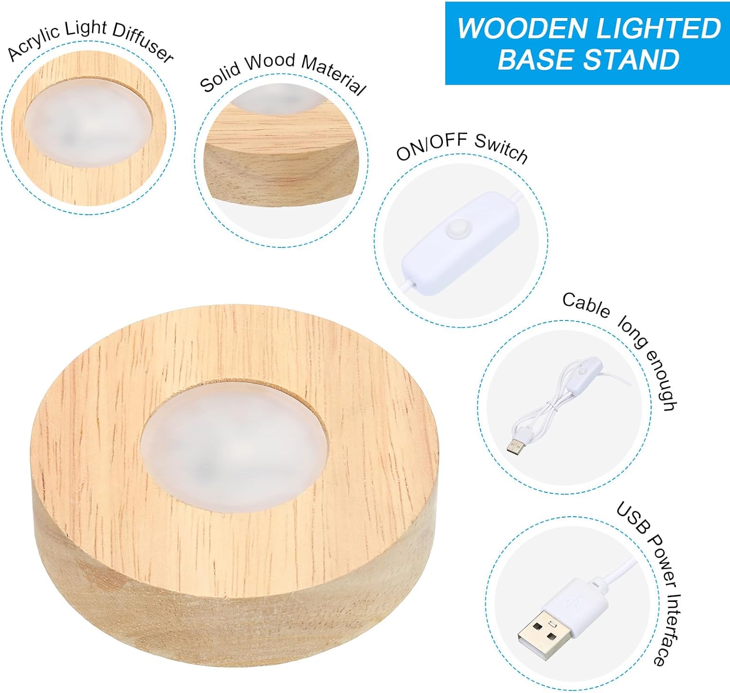 Diagram showing the components of the PATIKIL Wooden LED Light Base, including the acrylic light diffuser, solid wood material, ON/OFF switch, cable, and USB power interface.