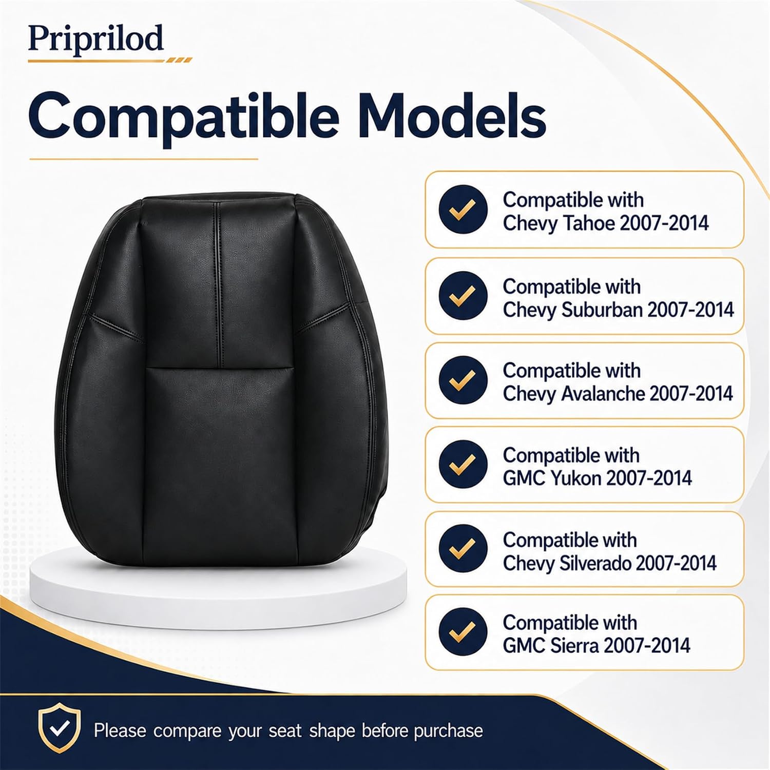 Priprilod Driver or Passenger Top Lean Back Replacement Seat Cover Compatible with Chevy Silverado Tahoe Suburban Avalanche GMC Sierra Yukon XL 2007-2014 | Black #193 Microfiber Leather