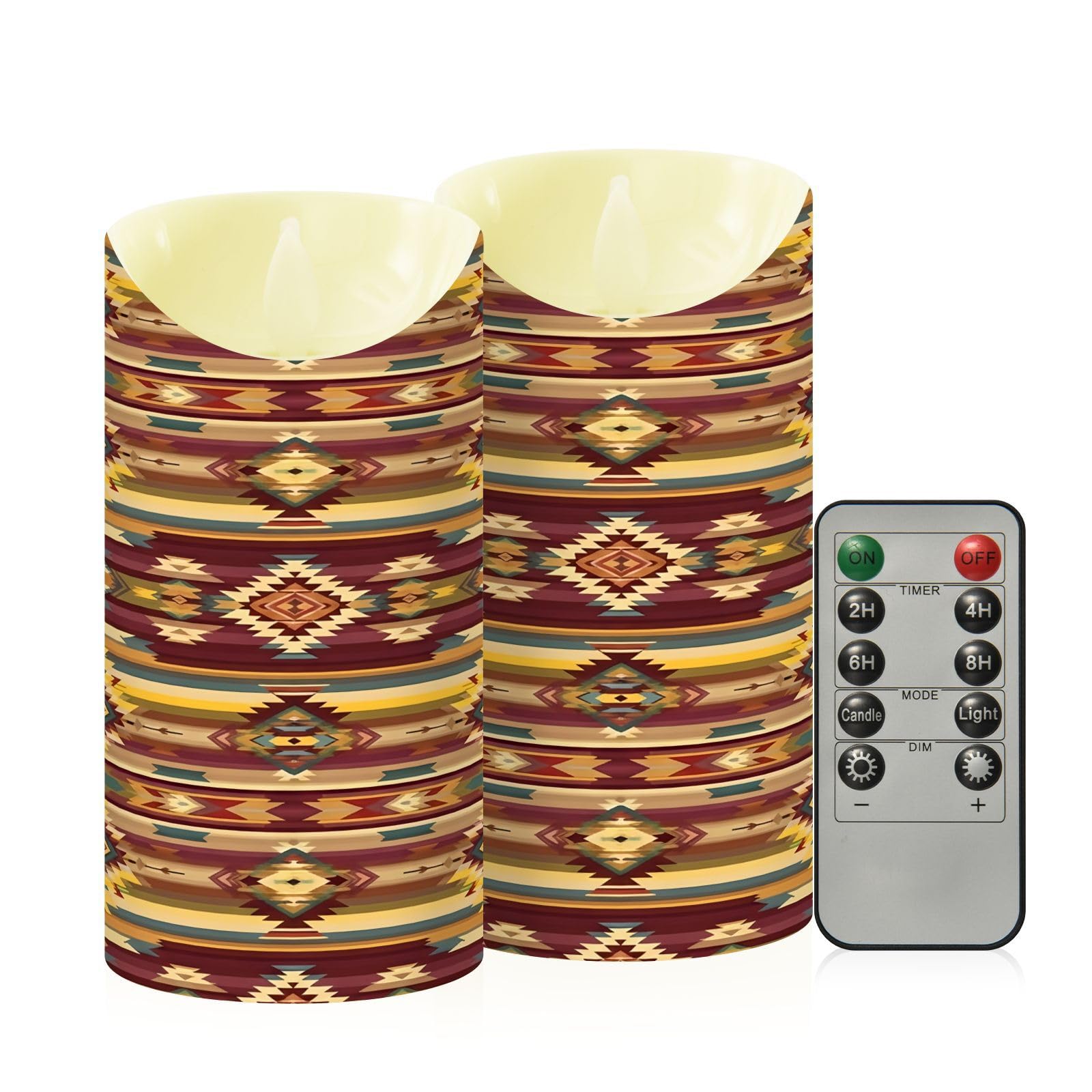 Cgiub Aztec Flameless Candles with Timer 2pcs Battery Operated Flickering Flameless LED Pillar Candles for Holiday Home Wedding Fireplace Decor