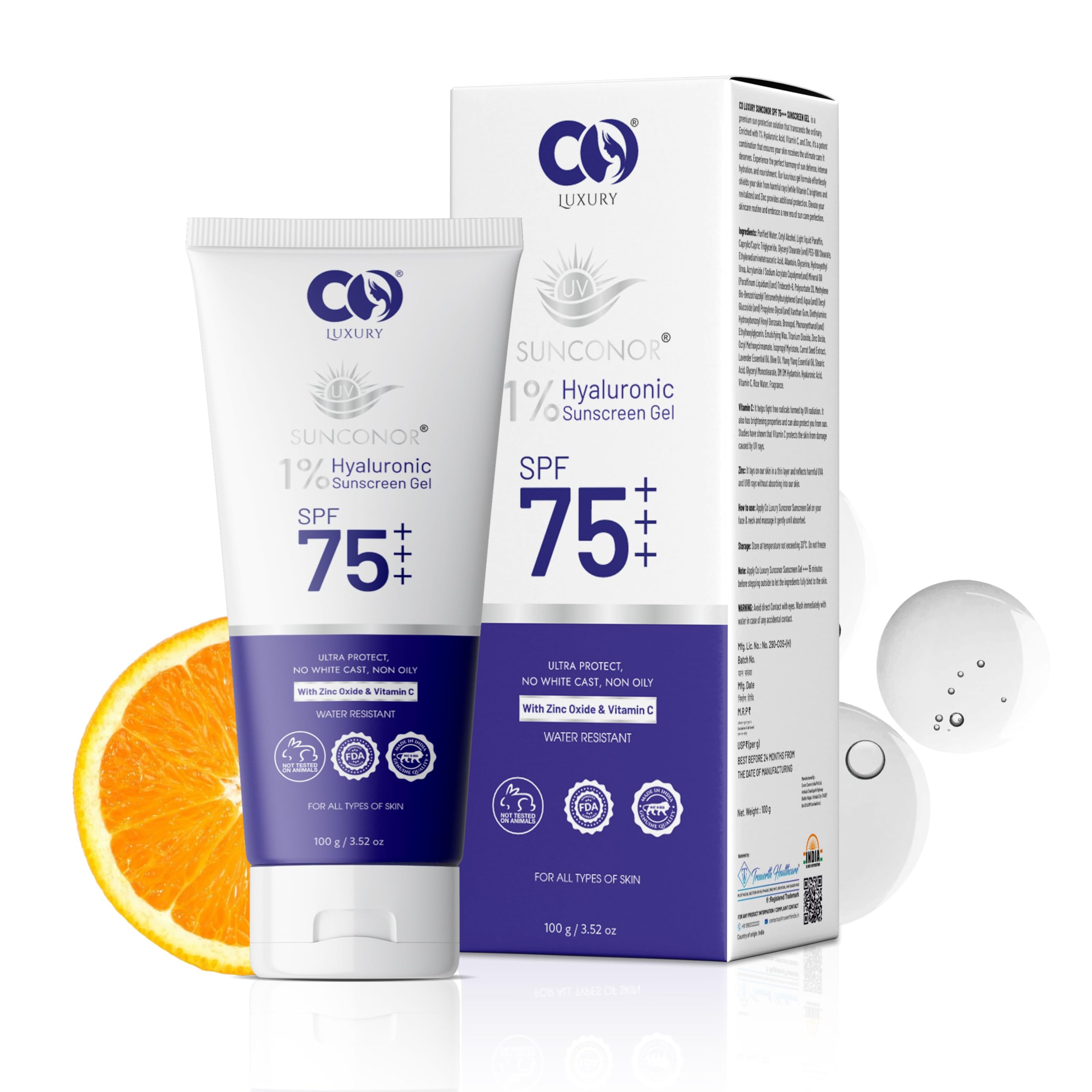 Luxury Face Sunscreen Gel SPF 75 PA+++ | Oil Free Sunscreen for Oily Skin | No White Cast, Water Resistant | With Hyaluronic Acid, Zinc & Vitamin C |