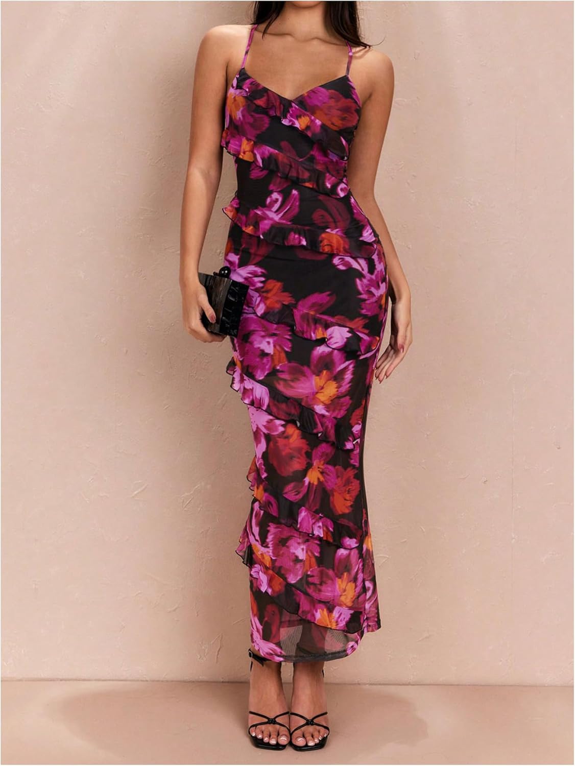 Women's Floral Cami Dress Boho Ruffle Criss Cross Tie Backless Bodycon Maxi Dresses - Image 3