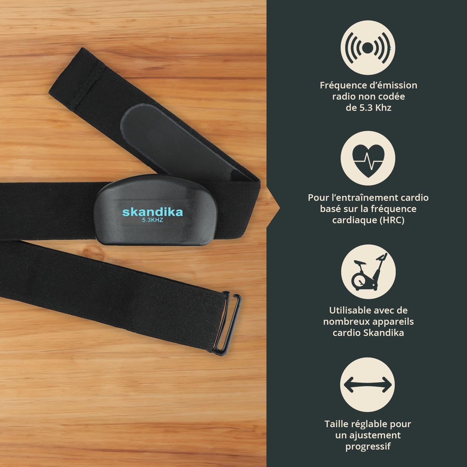 Skandika Sangle Cardiofréquencemètre Non codé 5,3 kHz | Sangle Cardio capteur fréquence Cardiaque, Compatible avec Les appareils de Fitness, Taille réglable | Ceinture Cardiaque Sport Fitness