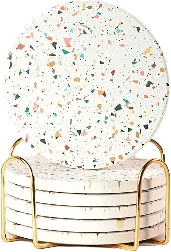Juego de 6 posavasos absorbentes de terrazo con soporte, posavasos de cerámica para bebidas, decoración de mesa de café, posavasos de piedra CONFETTI