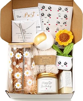 DHQH Birthday Candle Box Baskets for Women, Self Care for Mom Sister Best Friend Grandma, Cute Daisy Gift Set with 16 oz Glass Cup