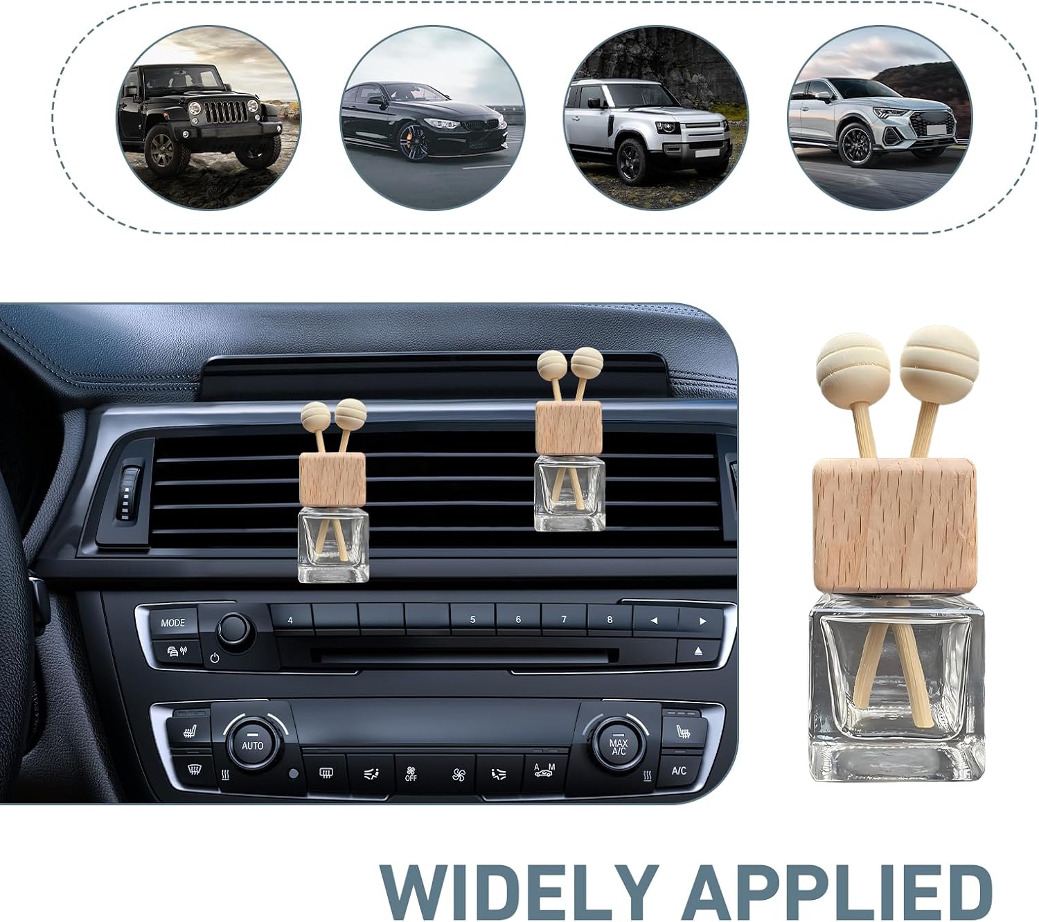 2 PCS Car Air Vent Diffuser Clips, Refillable Empty Glass with Wooden Cap, Straight Outlet Diffuser Ornament with Secure Back Clip, Universal Decorative Accessory for Cars (Transparent)