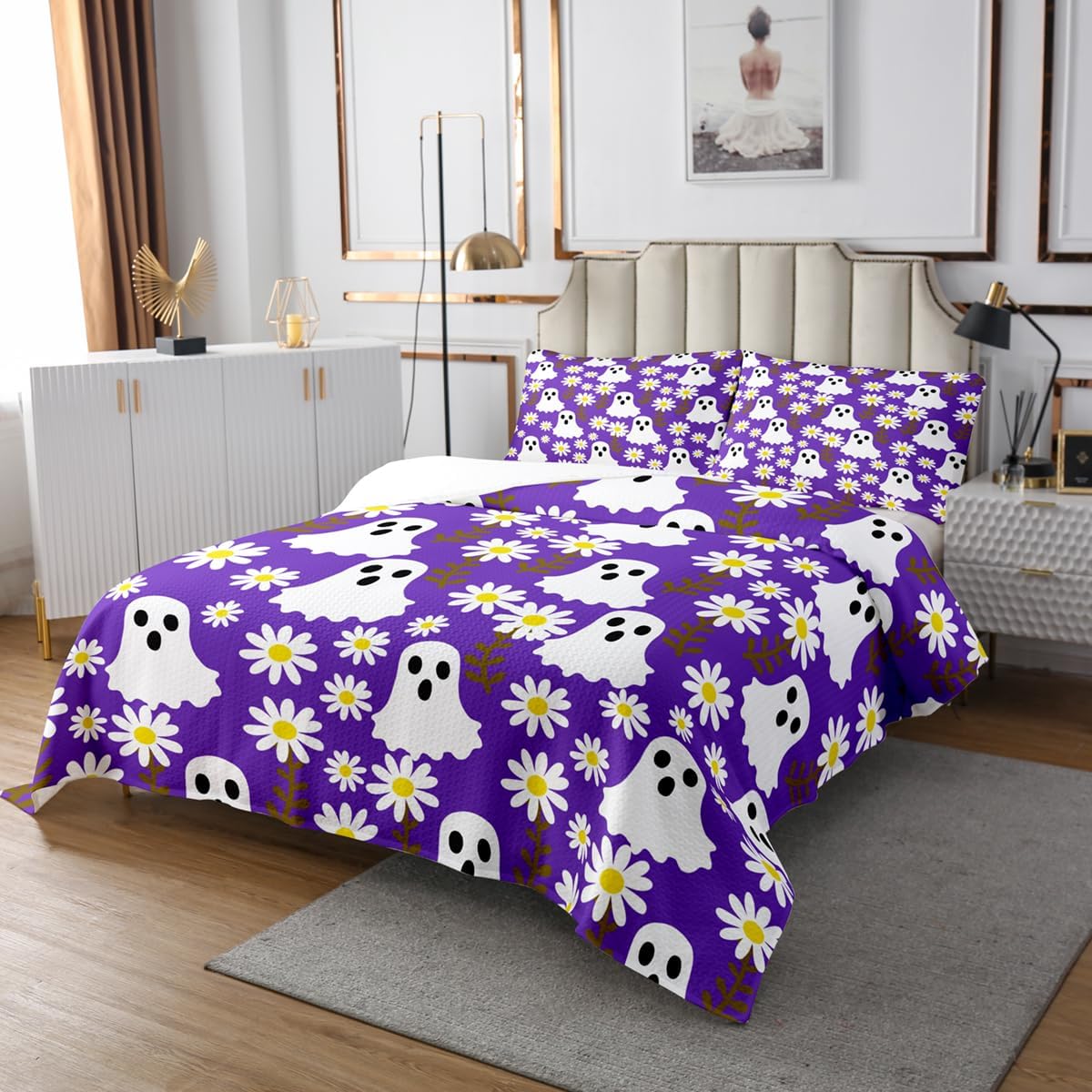 Erosebridal Cute Ghost Bedspread Set, Funny Daisy Plant Leaf Flowers Coverlet Set Queen Purple Garden Botanica Aesthetic Quilted, Spooky Halloween Silhouette Decor, Kawaii Halloween Decorations