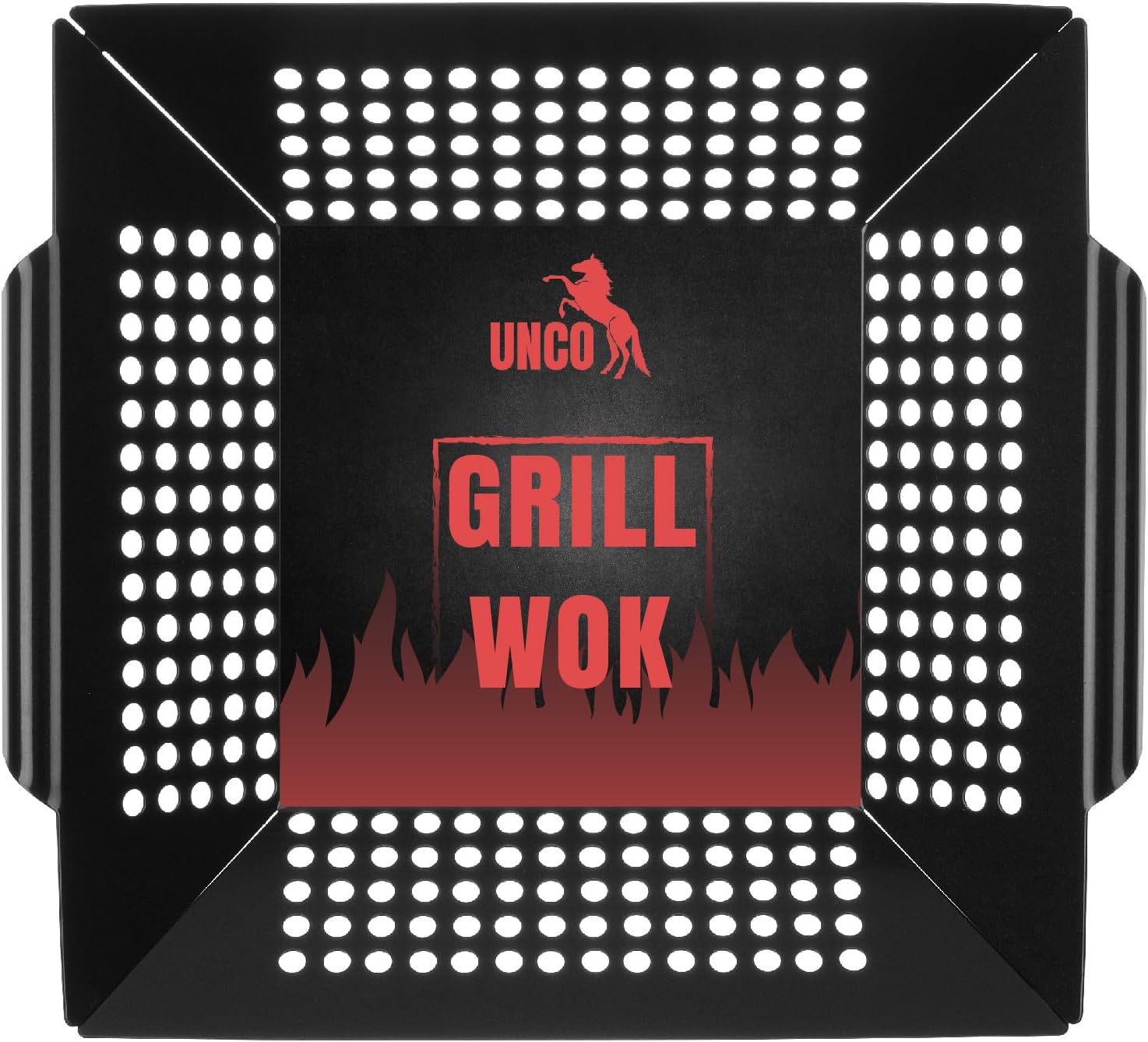 UNCO Stainless Steel Grill Basket Wok, 13.6x12 Inch Perforated Basket for Vegetables, Seafood & Meat on Outdoor Grills