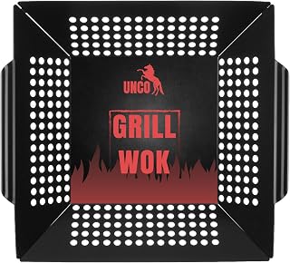 UNCO Stainless Steel Grill Basket Wok, 13.6x12 Inch Perforated Basket for Vegetables, Seafood & Meat on Outdoor Grills