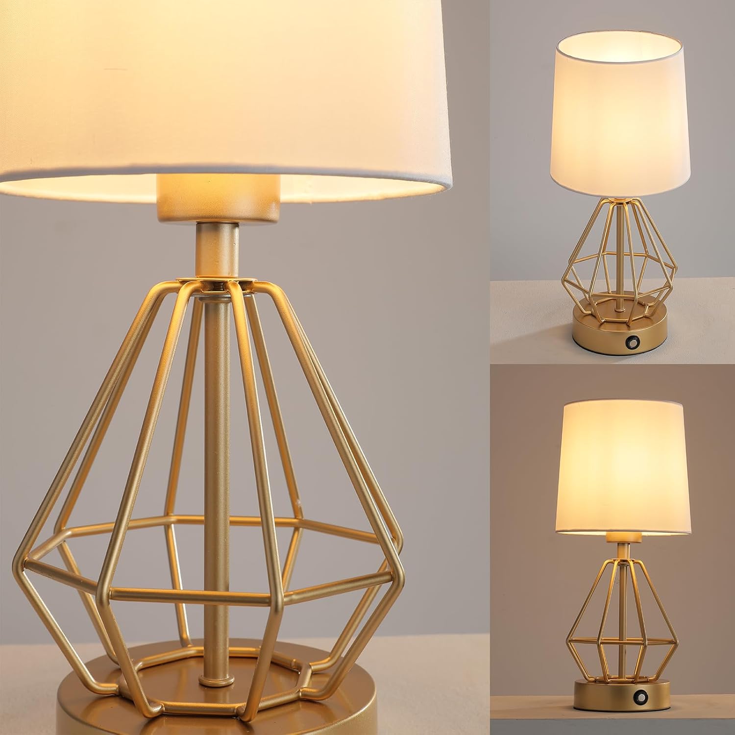 Gold Cordless Lamp Set of 2,Touch Stepless Dimming,8000mAh Rechargeable Battery Table Lamp,Gold Cage Frame Wireless Lamp,White Lampshade,14.7inches Tall