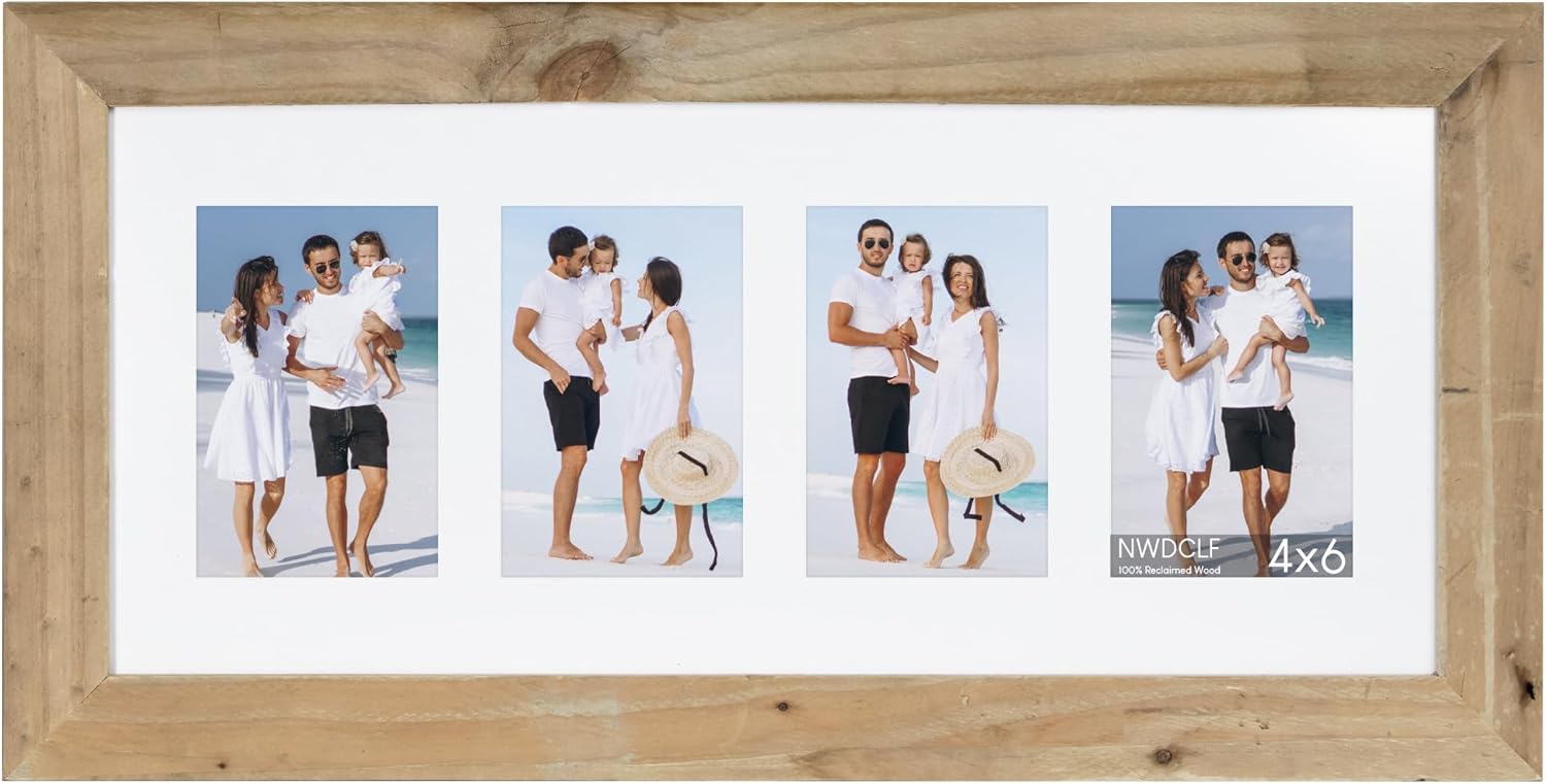 9x20.5 Rustic Picture Frame, Reclaimed Barnwood Frame with Plexiglass, Holds 4 4x6 Photos with mat, Distressed Wood Wall Frame for Farmhouse Country Home Office Cabin Décor