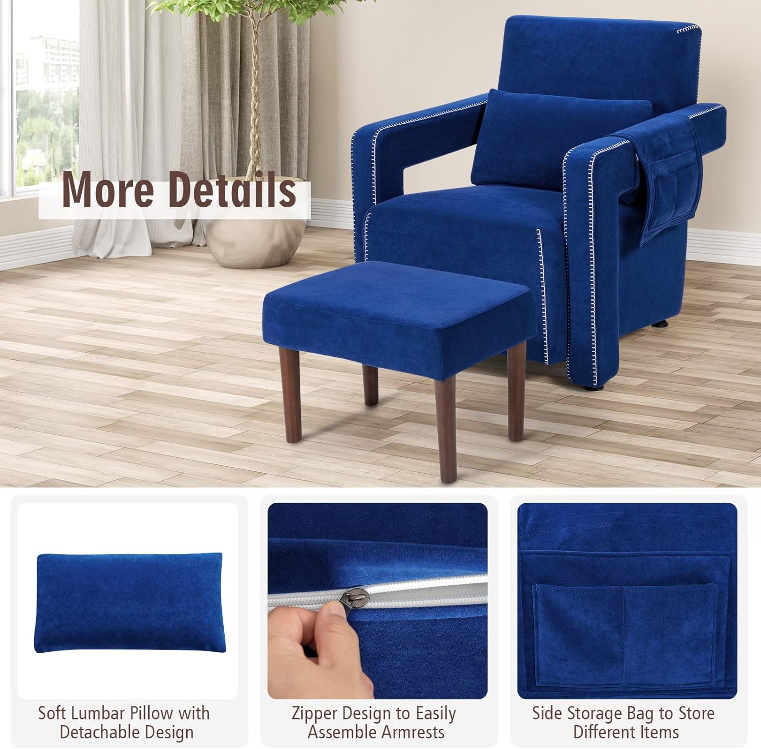 Giantex Modern Accent Chair with Ottoman, Soft Berber Fleece Single Sofa w/Side Storage Bag, Adjustable Foot Pads, Leisure Armchair for Reading, Navy