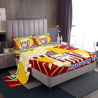 Retro Popcorn Fitted Sheet Twin Vintage Grunge Pop Corn Bed Sheet for Boys Girls Teens Cinema Movie Snack Sheet Set Old Fashioned Stripes Flat Sheet Red Yellow Blue Top Sheet 3Pcs with 1 Pillowcase