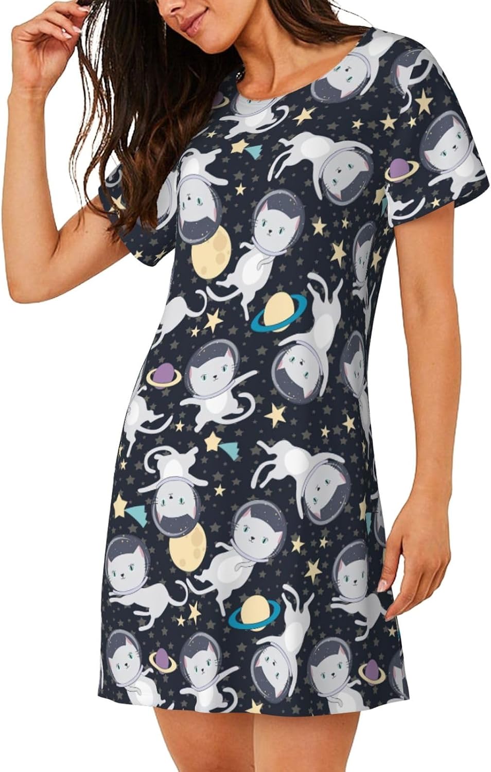 Fun cat Astronaut Print Sleep Shirts for Women Short Sleeve Night Shirts for Sleeping Pullover Nightgown