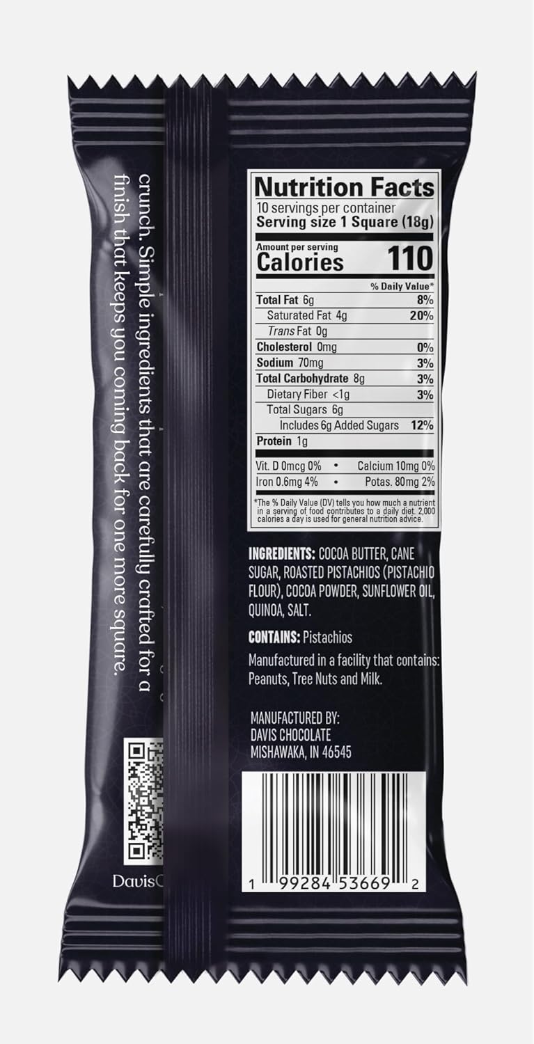 Davis Chocolate Dubai Destiny Artisanal Dark Vegan Chocolate with Pistachio & Puffed Quinoa, Gluten Free, Kosher, 6.35oz per bar 19.02 oz total (Dark Chocolate 3 Pack)