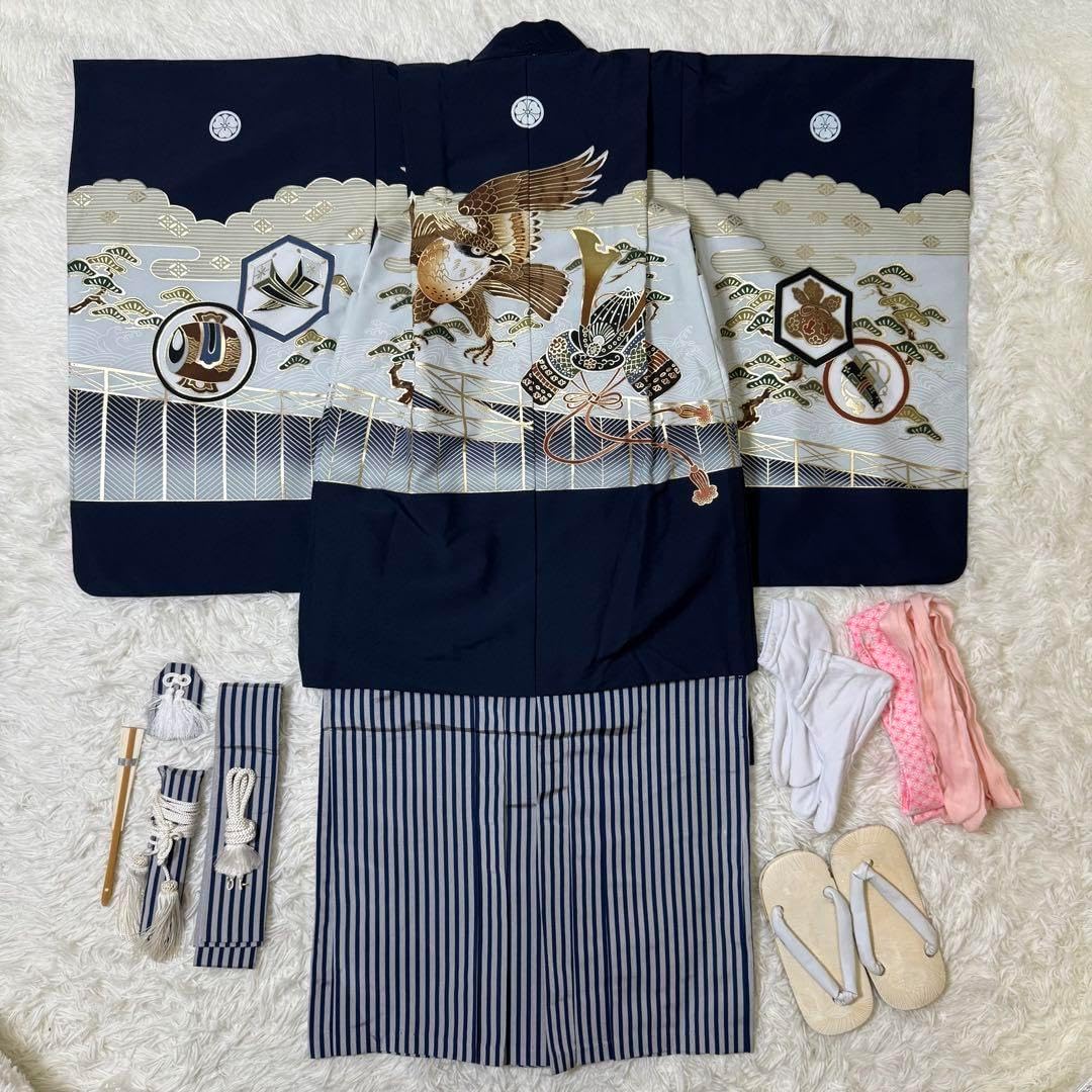 七五三　5歳　男の子　フルセット　ネイビー　箱あり　紋付羽織　753 箱あり 七五三 5歳 男の子 フルセット ネイビー 箱あり 紋付羽織 753 箱あり