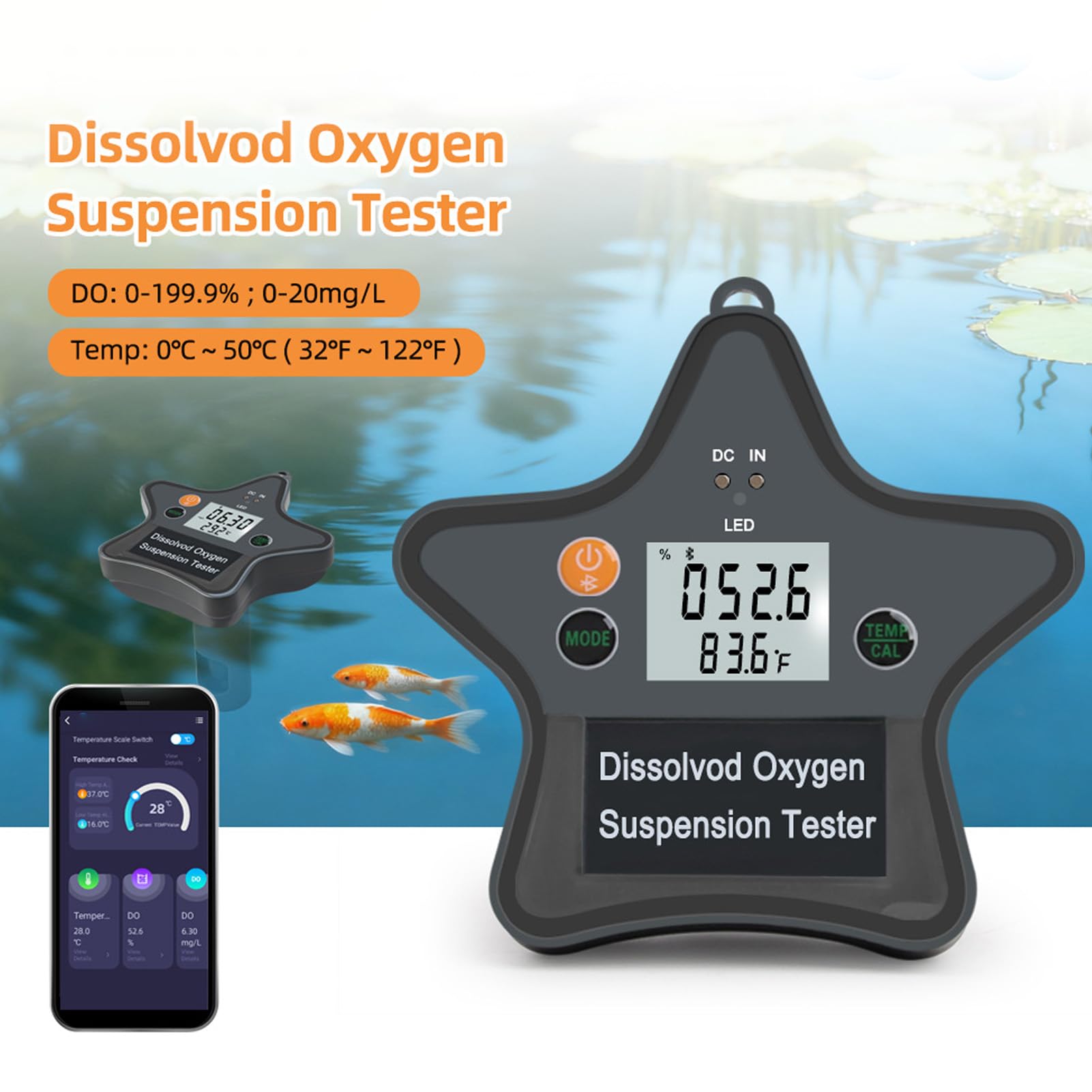Walmeck Digitales Messgerät für Gelösten Sauerstoff, Wasserqualitätstester, Suspension, Auslaufsicheres Design für Aquarium, Hydrokultur, Labor, ABS-Material, 262 G