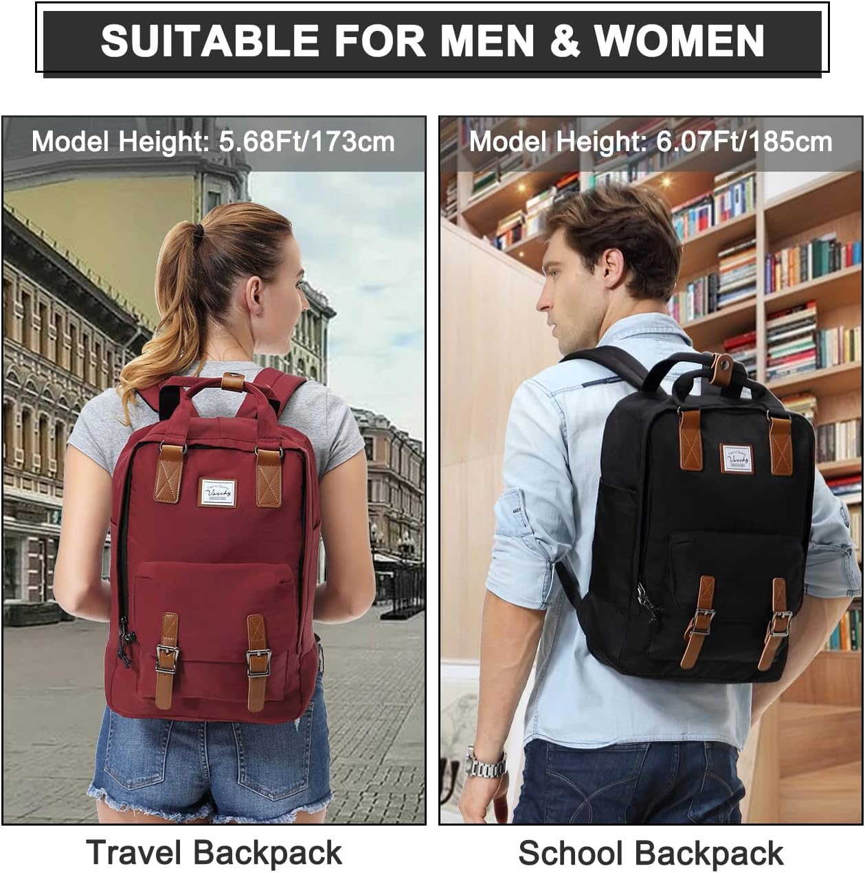 VASCHY School Backpack for Men and Women, Unisex Vintage Water Resistant Casual Daypack Rucksack Bookbag for College Fits 15inch Laptop Black - Image 7