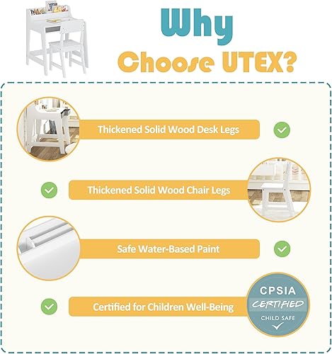Miniatura 3 de UTEX Juego de escritorio y silla para niños, escritorio de estudio para niños con cubos de almacenamiento, mesa de estudio para niños de madera