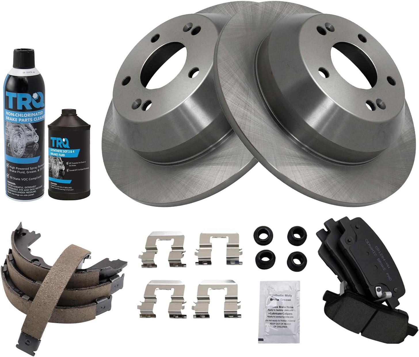 TRQ Rear Brake Pad & Rotor Kit Brake Chemical Kit Brake Pads Brake Rotor Parking Brake Shoe Set Ceramic Compatible with 2010-2012 Hyundai Santa Fe 2011-2013 Kia Sorento