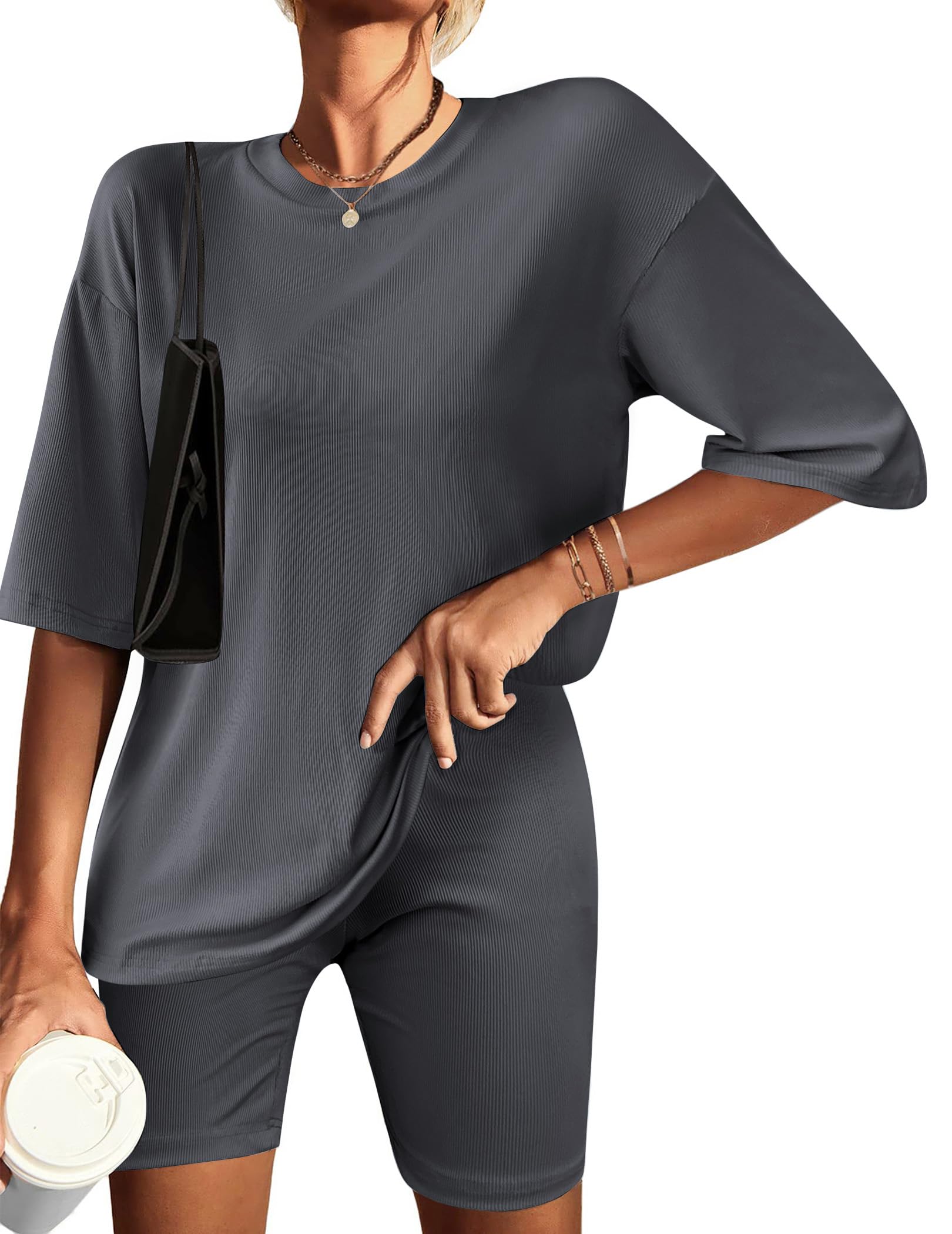 Ekouaer Womens Pajamas 2 Piece Lounge Sets Ribbed Knit Matching T-shirt Biker Shorts Outfits Sleepwear Loungewear