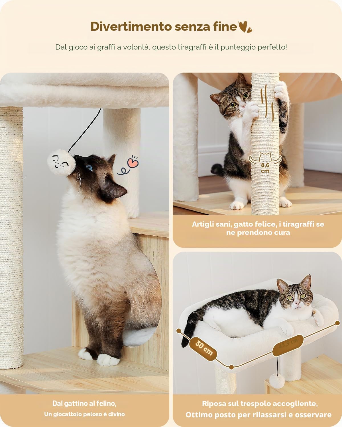 PETEPELA Albero tiragraffi per gatti in legno 143 cm, moderno tiragraffi per gatti con amaca più grande, letto superiore, colonna completa di corda sisal, beige