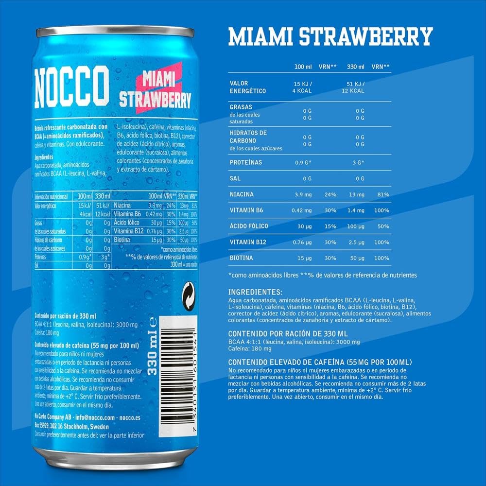 NOCCO BCAA - Bebida Energética con 180mg Cafeína, 3000 mg BCAA, Sin Azúcar, Sin Carbohidratos, Enriquecida con Vitaminas - 24 x 330ml inkl. Pfand (Mix Sabores)