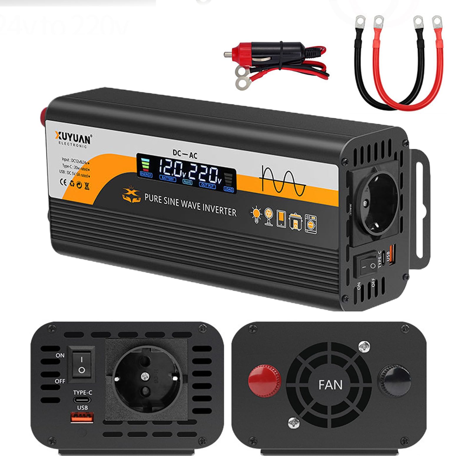 Convertitore di tensione 800W 12V/24V a 220V con presa europea e porta USB LCD