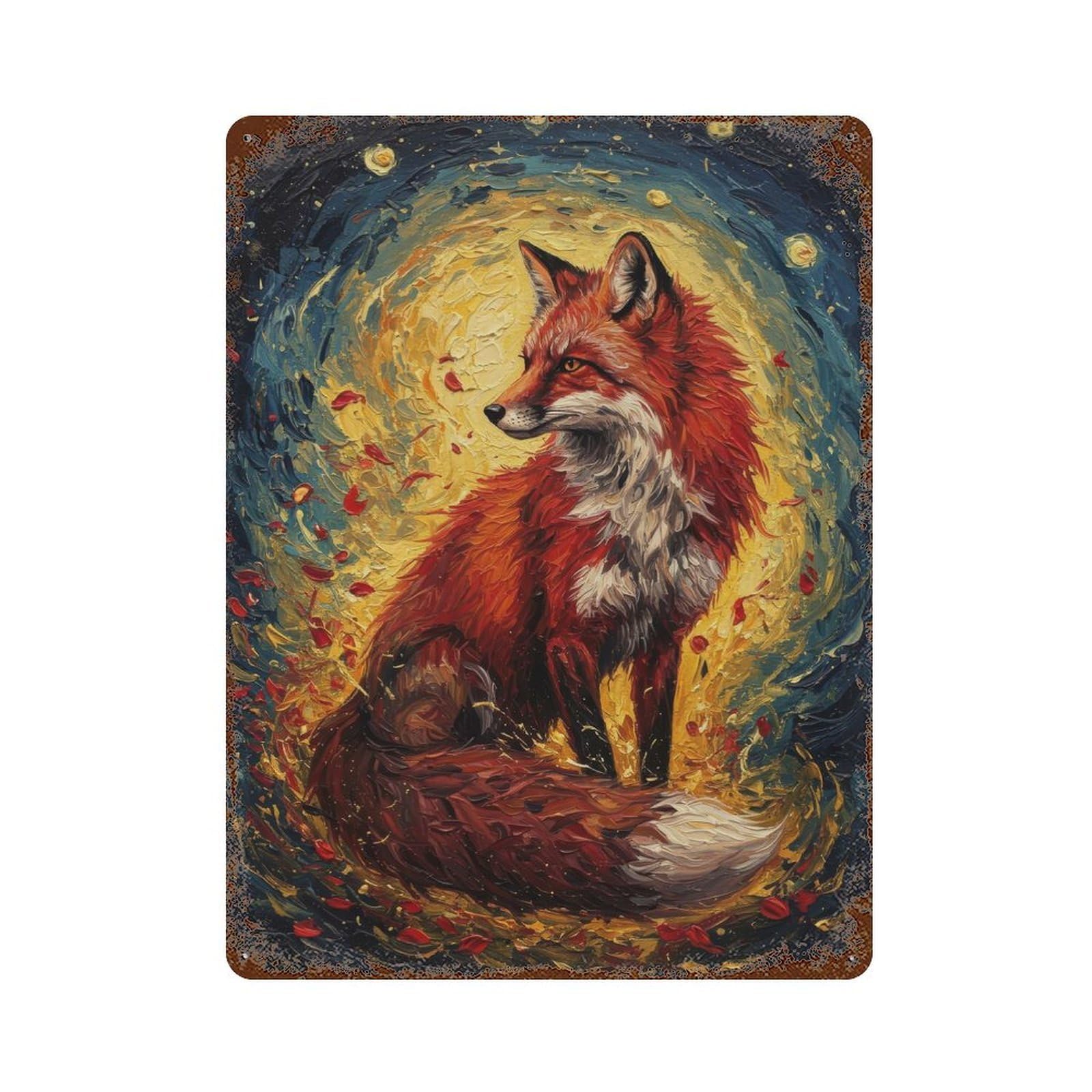 Fox in Starry Night Painting Vintage Wall Sign 15.7"x11.8", Rust Effect Metal Decor for Living Room, Hallway And Home Decor