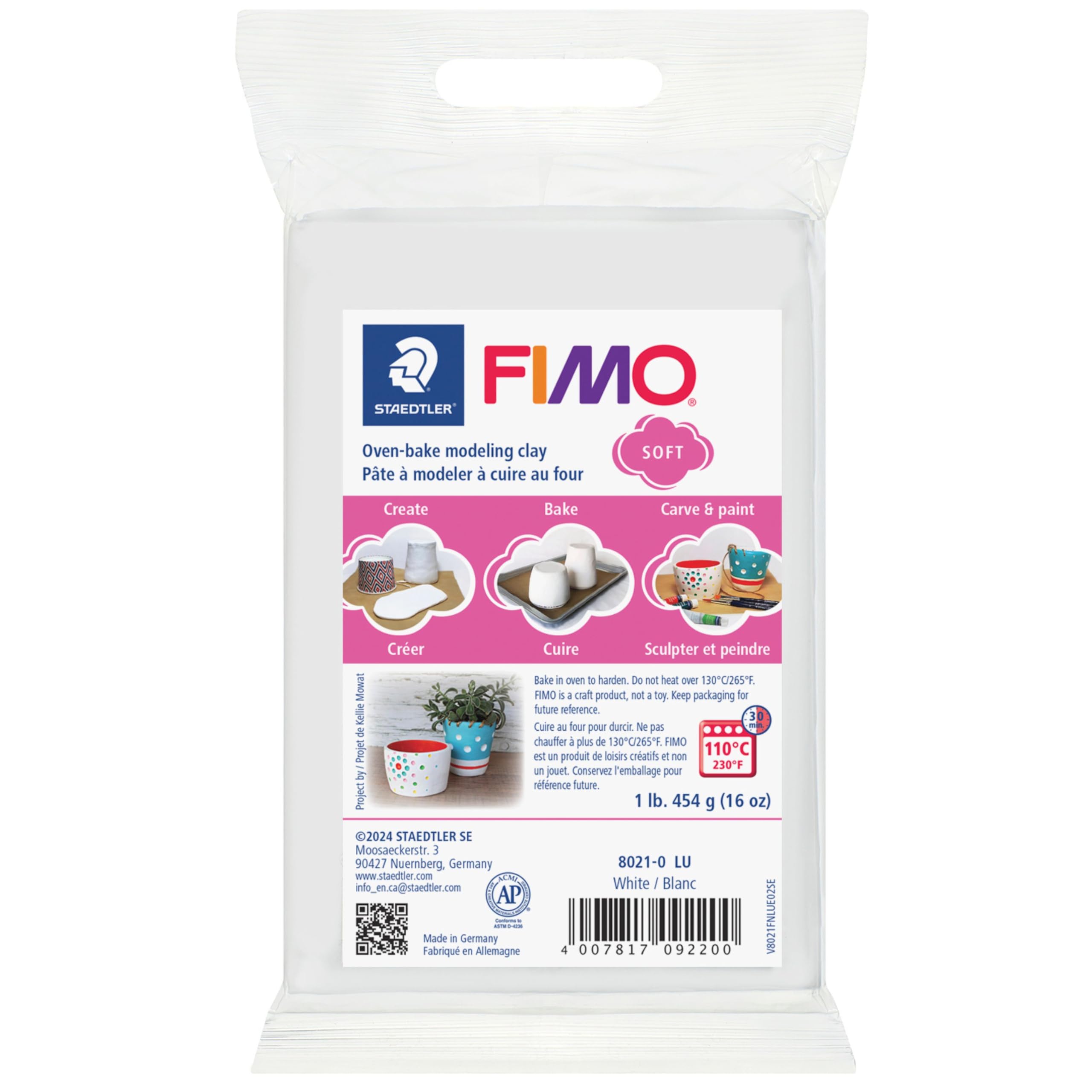 STAEDTLER 8021-0 FIMO Soft Oven-Hardening Polymer Modelling Clay - White (1 x 454g Block)