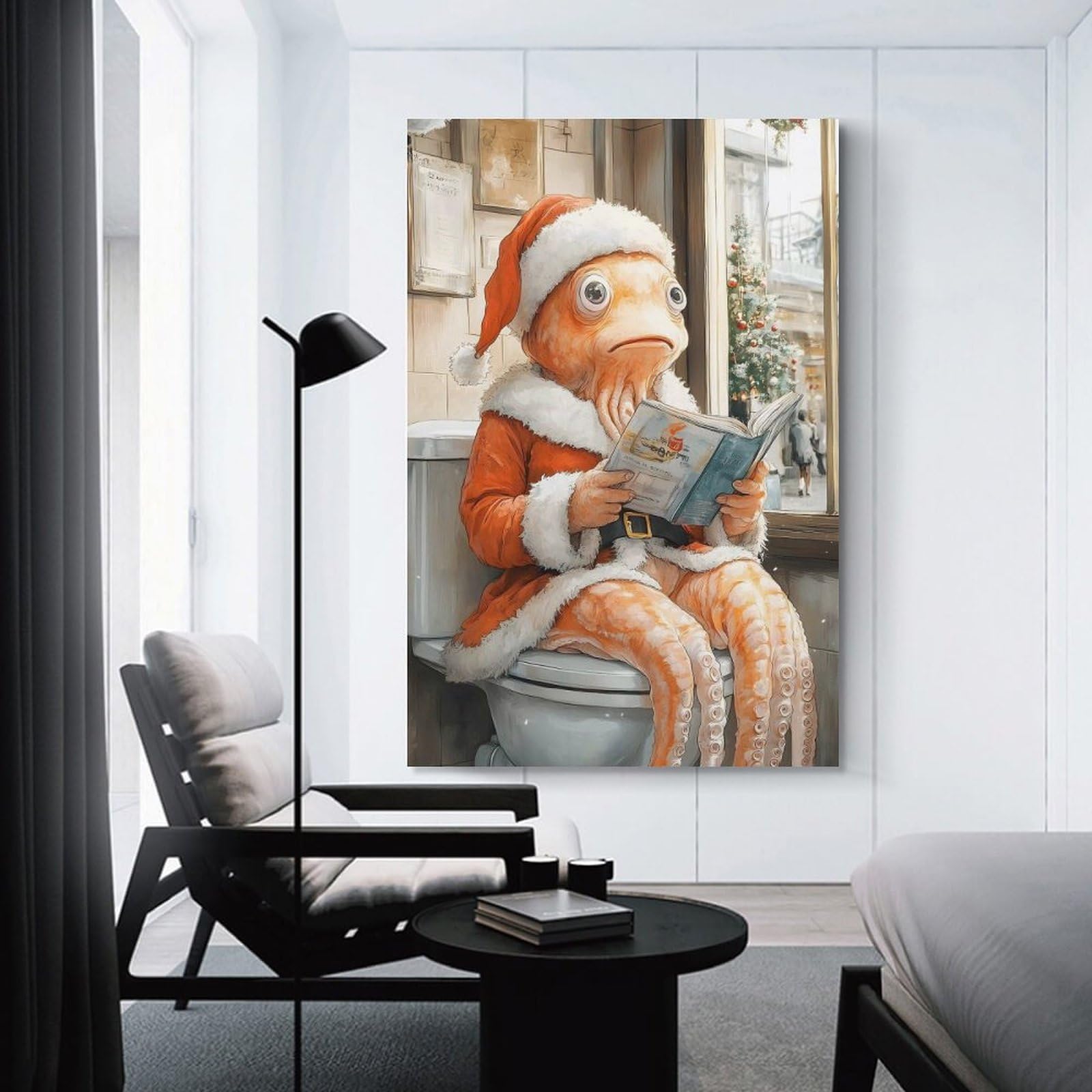 Junmoney Room Decor Wall Art Octopus Santa on Toilet, 08x12inch(20x30cm), for Living Room, Lounge Or Sitting Room, Canvas Styling for A Polished Room Look