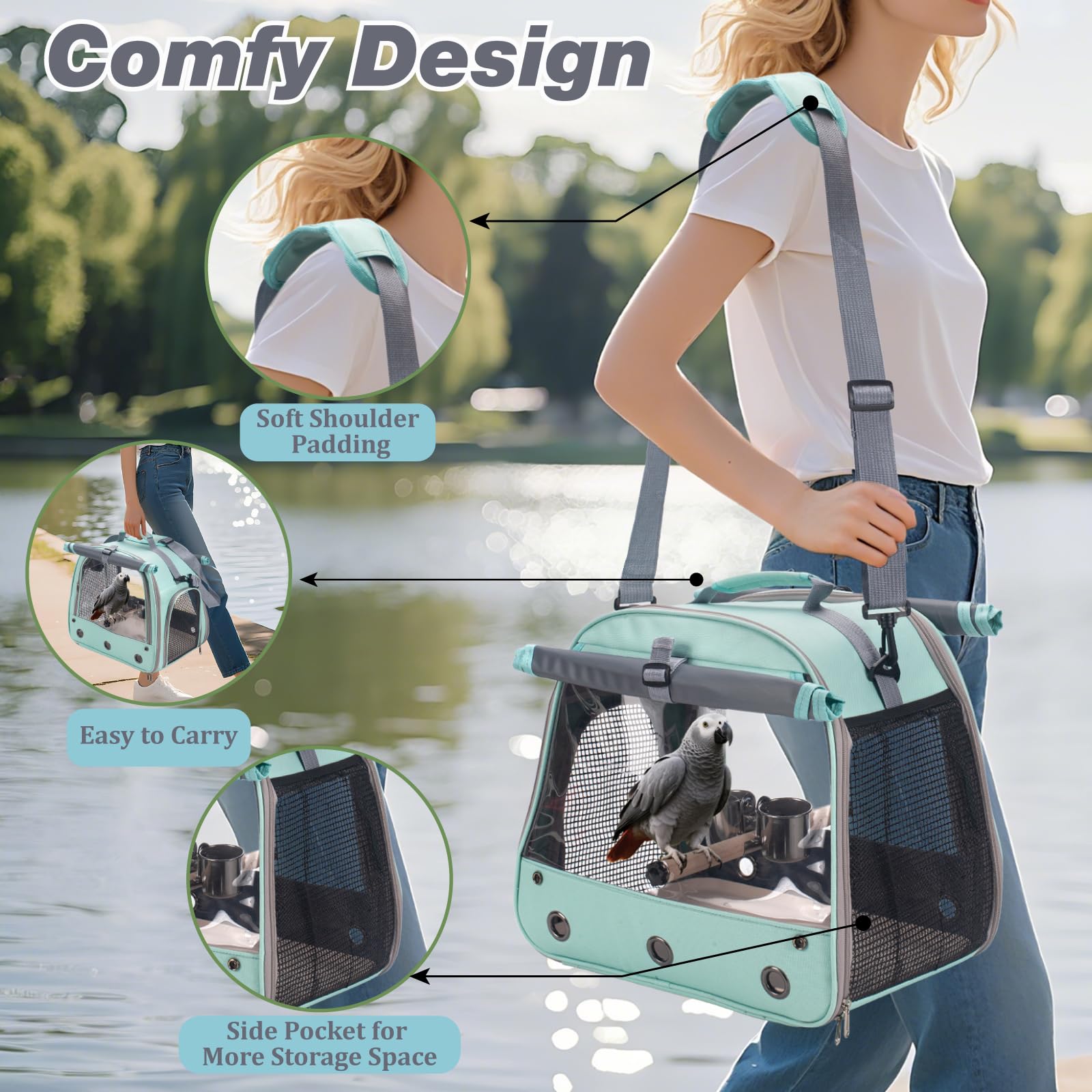 Jaula de viaje para loros con perca, cuenco de comida, bandeja y ventana transparente transpirable, bolsa de viaje para pájaros para cacatúas grises africanas Caique Conure Quaker, para veterinario