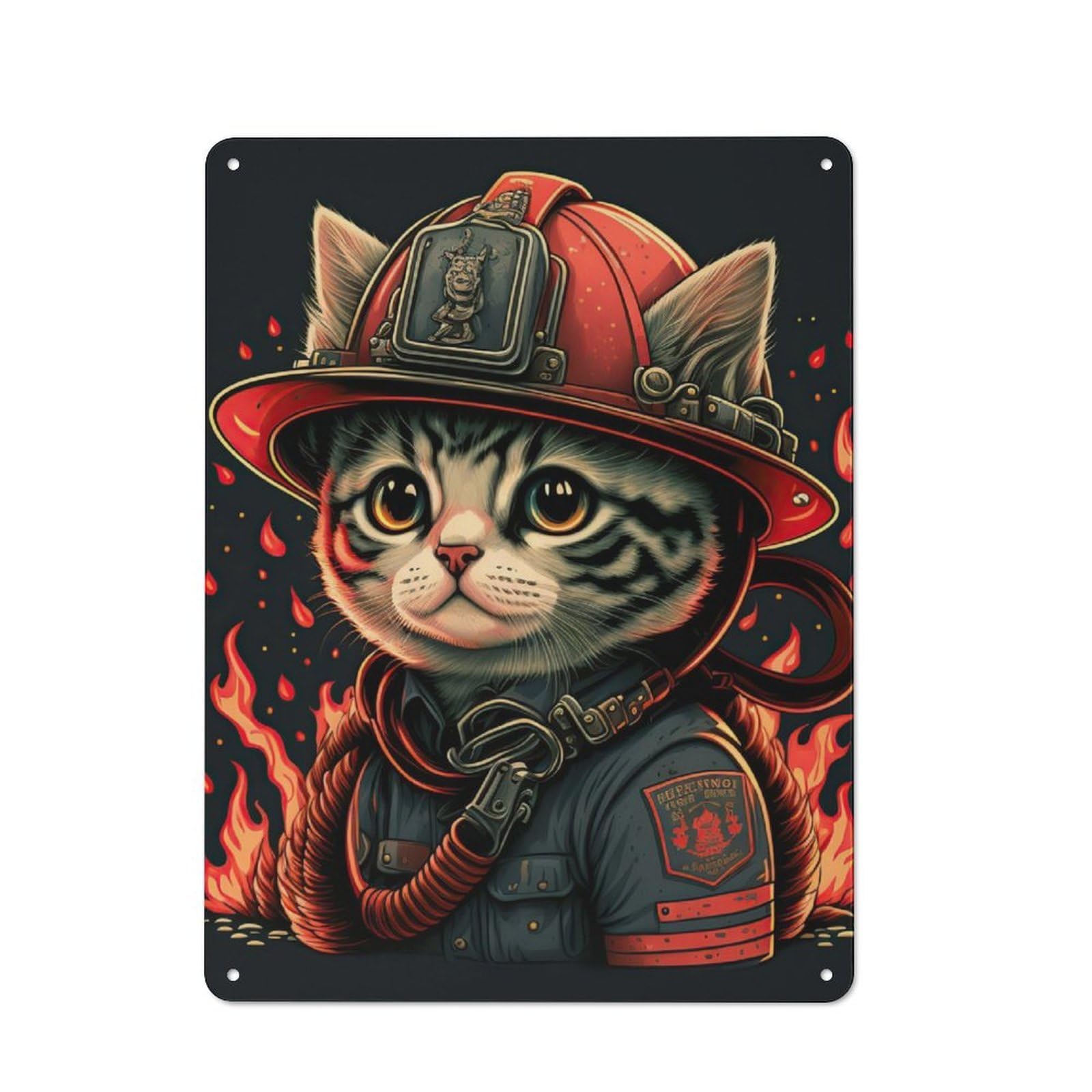 Tin Wall Plaque 40x30cm with Cat Fireman for Bar Or Restaurant, Housewarming Present for People Styling Bar And Restaurant