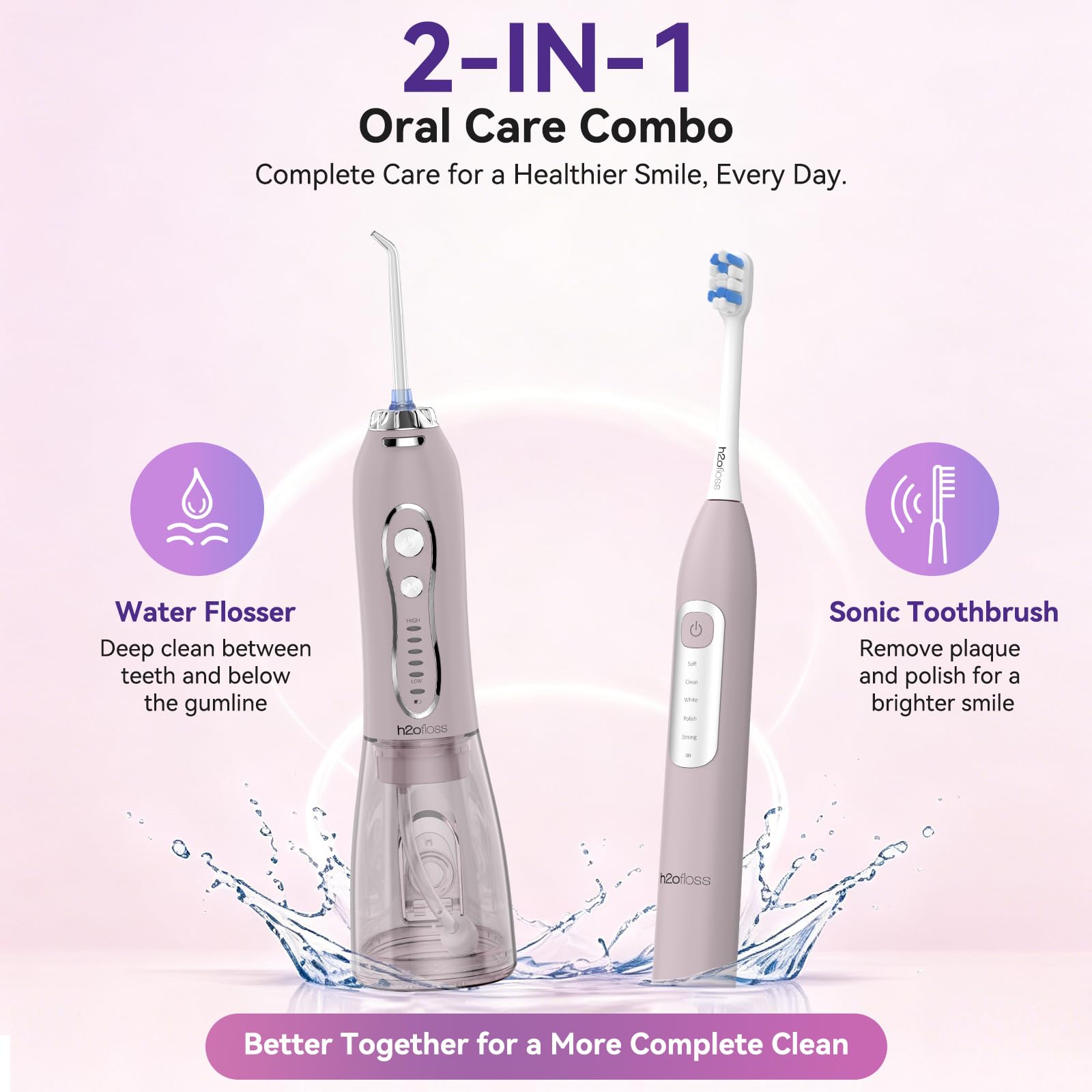 H2ofloss Spazzolino elettrico e idropulsore Combo - Irrigatore orale portatile senza fili e spazzolino sonico 2 in 1, 5 modalità, IPX7 impermeabile per apparecchi ortodontici e cura delle gengive