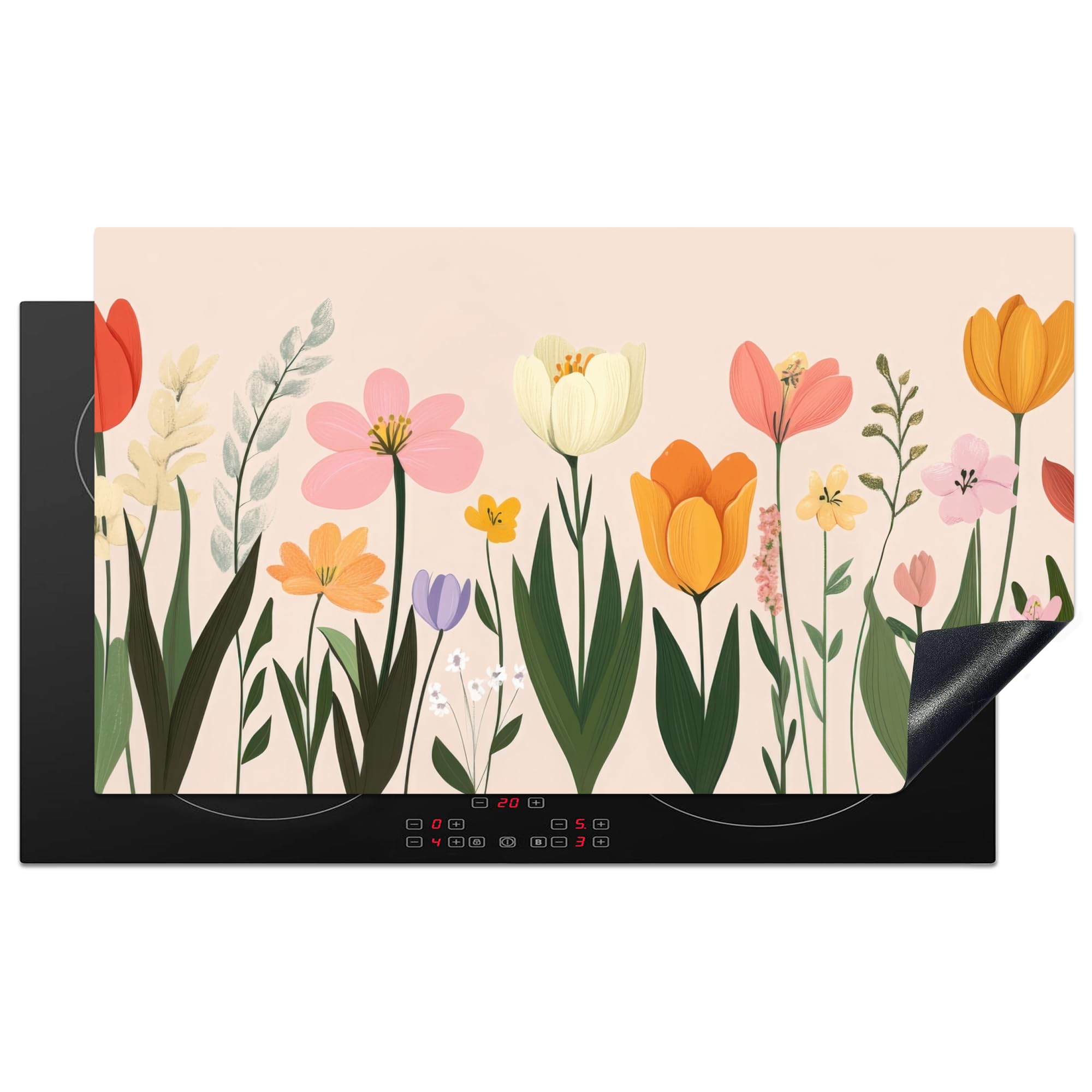 KitchenYeah© Induction Hob Protector Mat 20.3"x35.3" / 89.6x51.6 cm Cooker Top Protectors Cover Ceramic Covers Electric Hobs Vinyl Pastel Shades - Flowers - Illustration