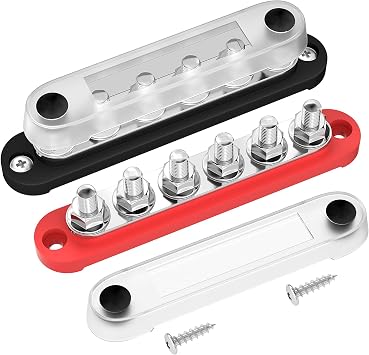 DAIERTEK 12V Bus Bar 6 x 5/16" M8 Terminal Studs 12 Volt Power Distribution Block with Cover Battery Bus Bar 12V - 48V Positive & Negative for Automotive Car Boat Solar System