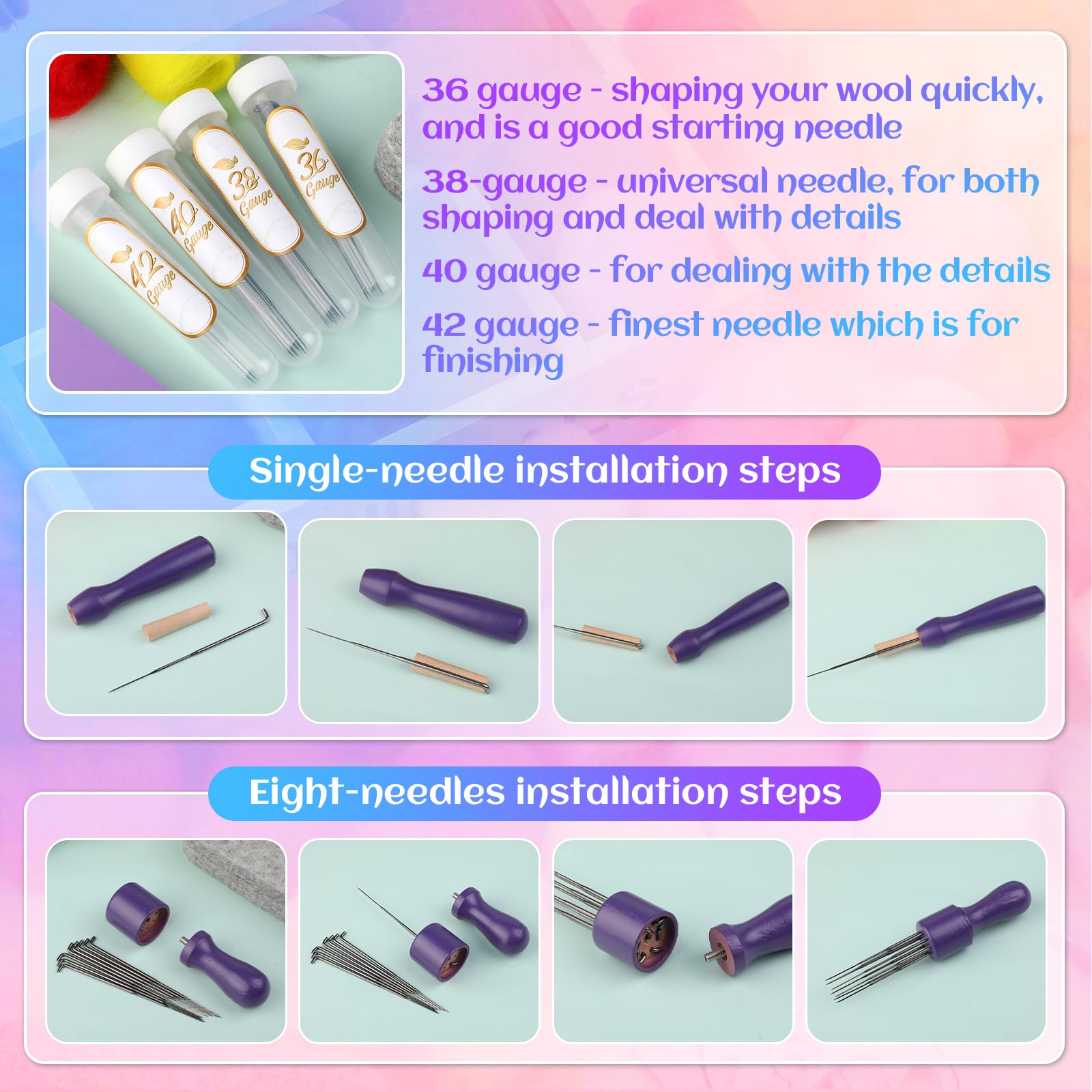 Mayboos Nadelfilz-Set, 50 Farben, Wollgarn-Set, Nadelfilz-Starter-Set für Anfänger mit Wollfilz-Werkzeugmatte, Nadelfilzzubehör für Heimwerker, Handwerk, Heimdekoration, Geschenk