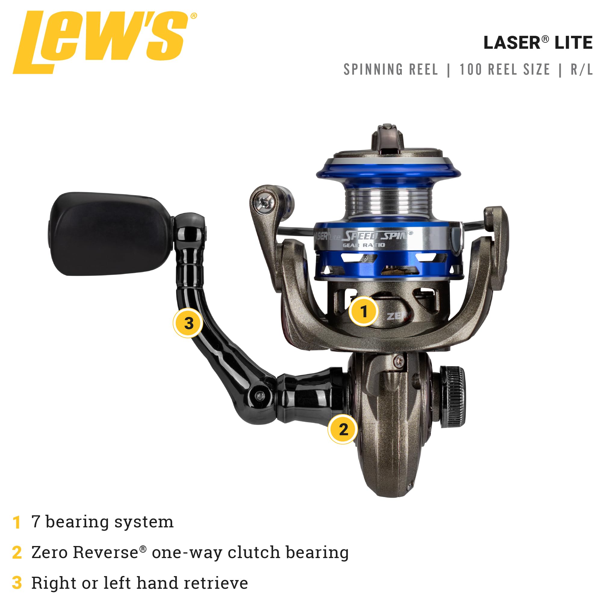Lew's Laser Lite 75 5.0:1 Spinning Reel,Silver, 120/6-22", 120/6 - 22" - Image 2