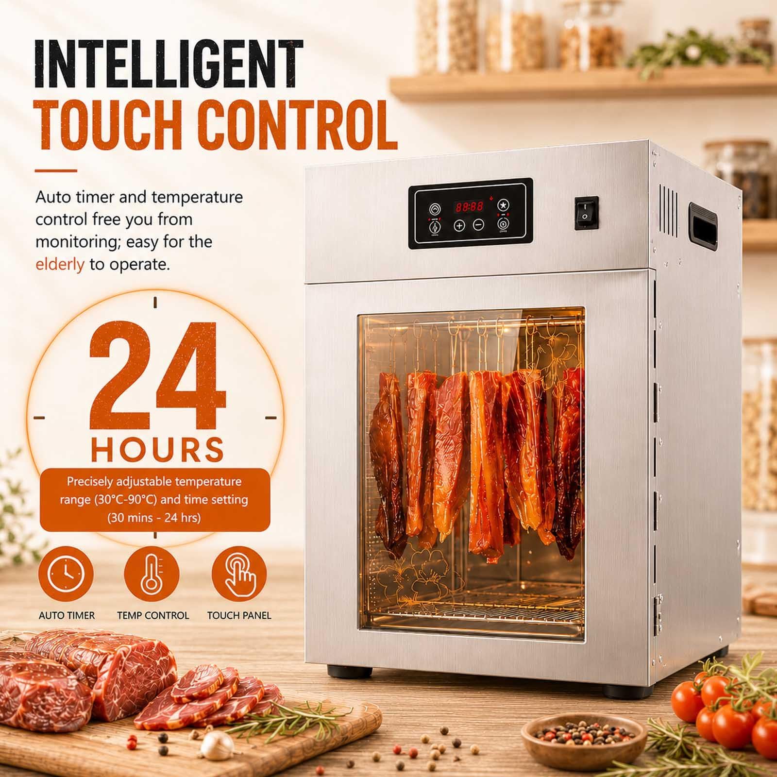 Dry Ager Reifeschrank Für Fleisch Und Wurst, Edelstahl Trockenschrank Für Fleisch Mit Led-Steuerung, 14/30 Haken, 30-90°C, 24h Timer, Biltong Box Für Wurst, Speck, Fisch Und Rindfleisch 15KG
