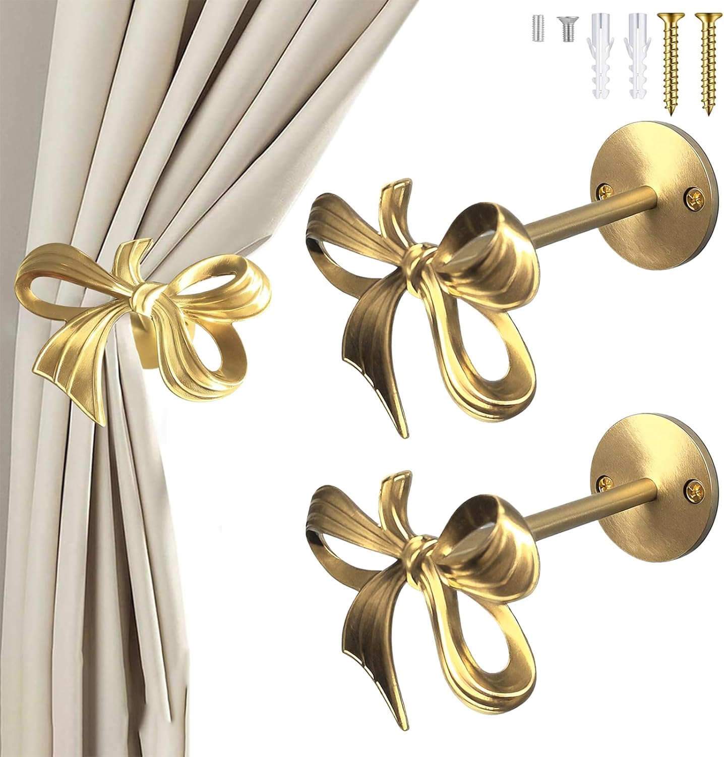 2 Pcs Brass Curtain Holdbacks Wall Mounted Gold Curtain Holdbacks Bow Modern Decorative Drapery Pull Back Hooks with Screws Accessories for Living Room Bedroom Office Home