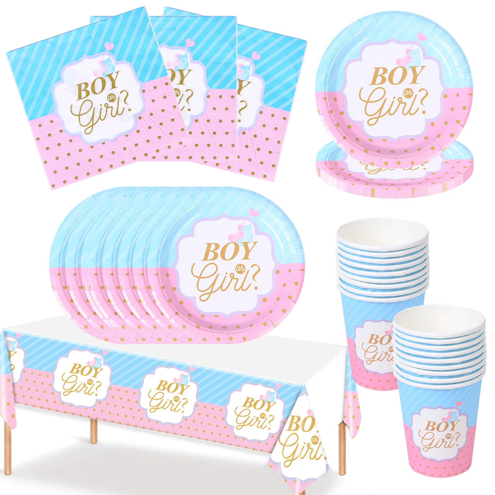 Bikasun Gender Reveal Party Tableware Set for 16 Guests, Paper Plates, Napkins, Cups, Table Decoration