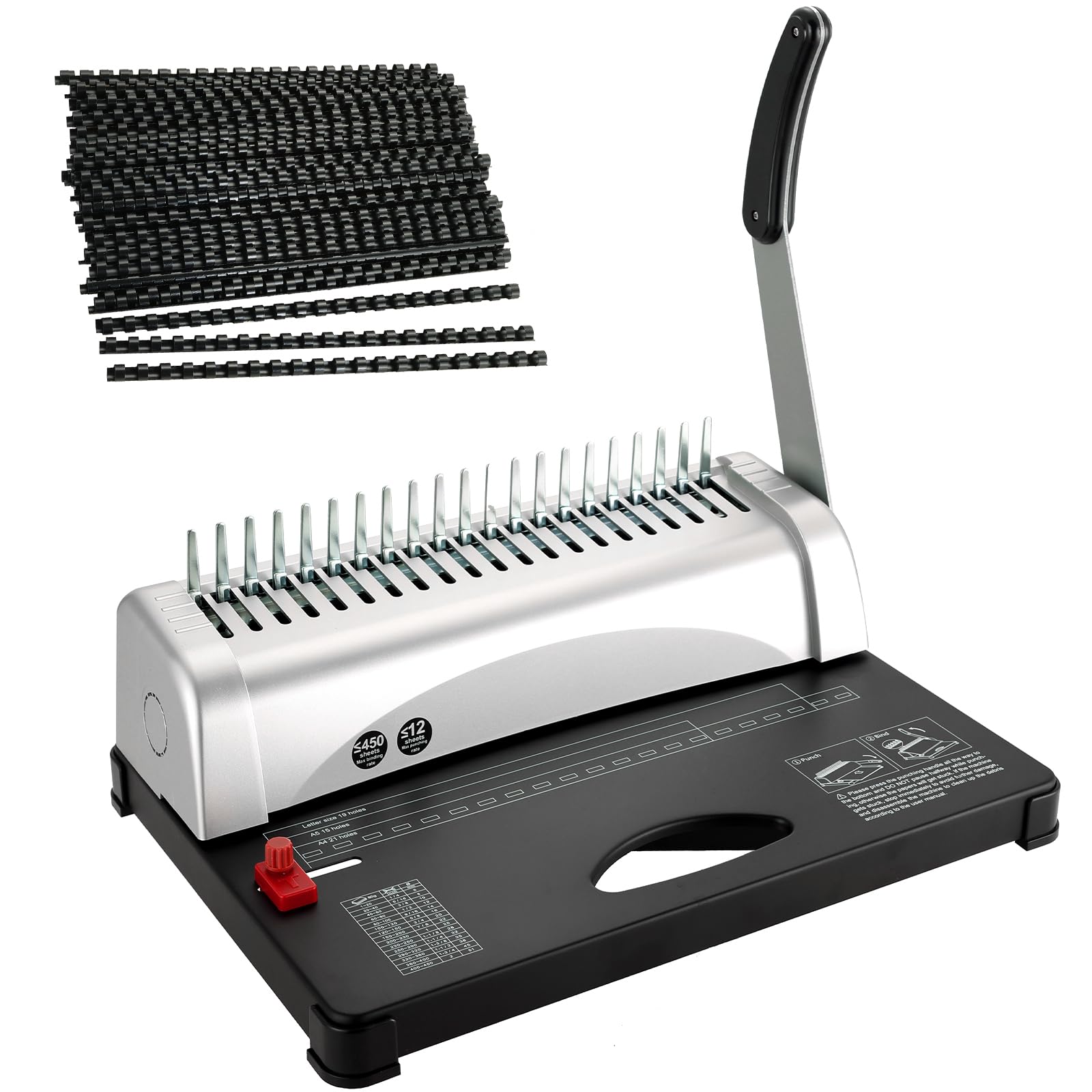 DASBET Comb Binding Machine 21-Holes 450 Sheets Comb Paper Punch Binder with Starter Set 100 PCS 3/8'' Comb Binding Spines for Letter Size, A4, A5 or Smaller Size Office Documents