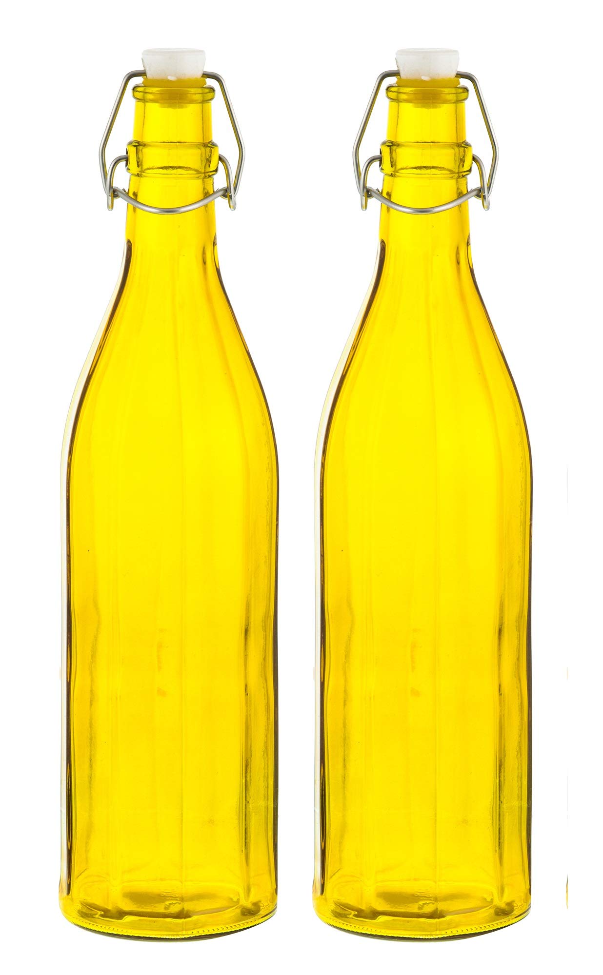 MACHAKColhexa Glass Bottles With Cork 1litre, Kitchen Decoration (Yellow, 2 Pcs)
