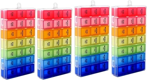 Caja organizadora de píldoras, organizador de medicina, organizador de vitaminas, recordatorio diario Am PM, compartimentos de día para 7 días (4