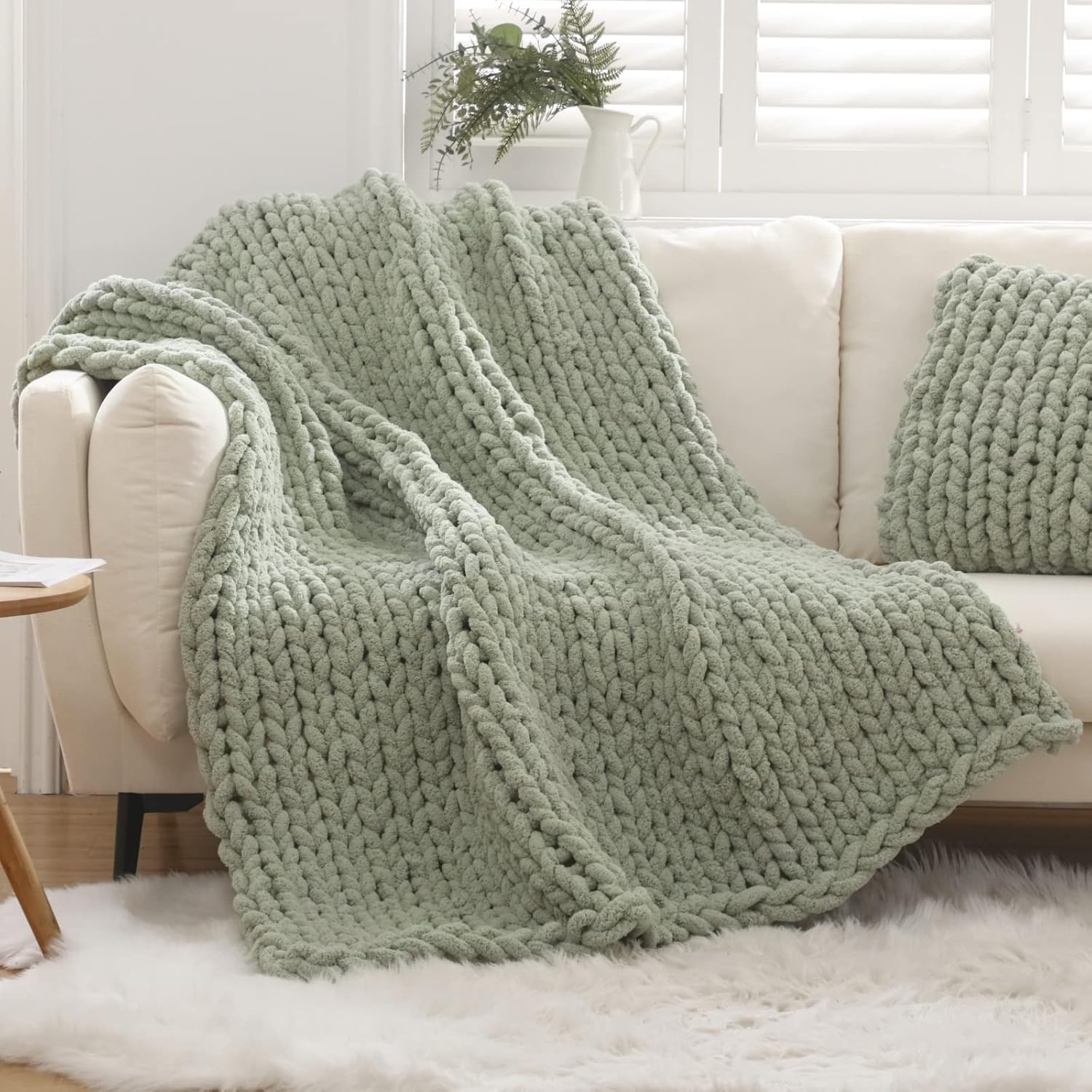 weshiongoo chunky knit blanket throw 51"×63" knitted throw blankets for couch bed fluffy soft blanket with jumbo chenille yarn thick 100% handmade (sage green) sage green 51"×63"(large size throw?