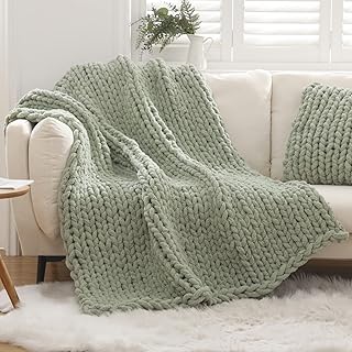 Chunky Knit Blanket Throw Knitted Throw Blankets for Couch Bed Fluffy Soft Blanket with Jumbo Chenille Yarn Thick 100% Handmade (Sage Green, 50"×60")