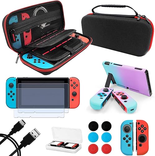 ANSIPPF Nintendo Switch Accessories Bundle 9-in-1 Carrying Case for Nintendo Switch Grip Protective CoverJoy-ConAnalog CapCard Case Screen Protector