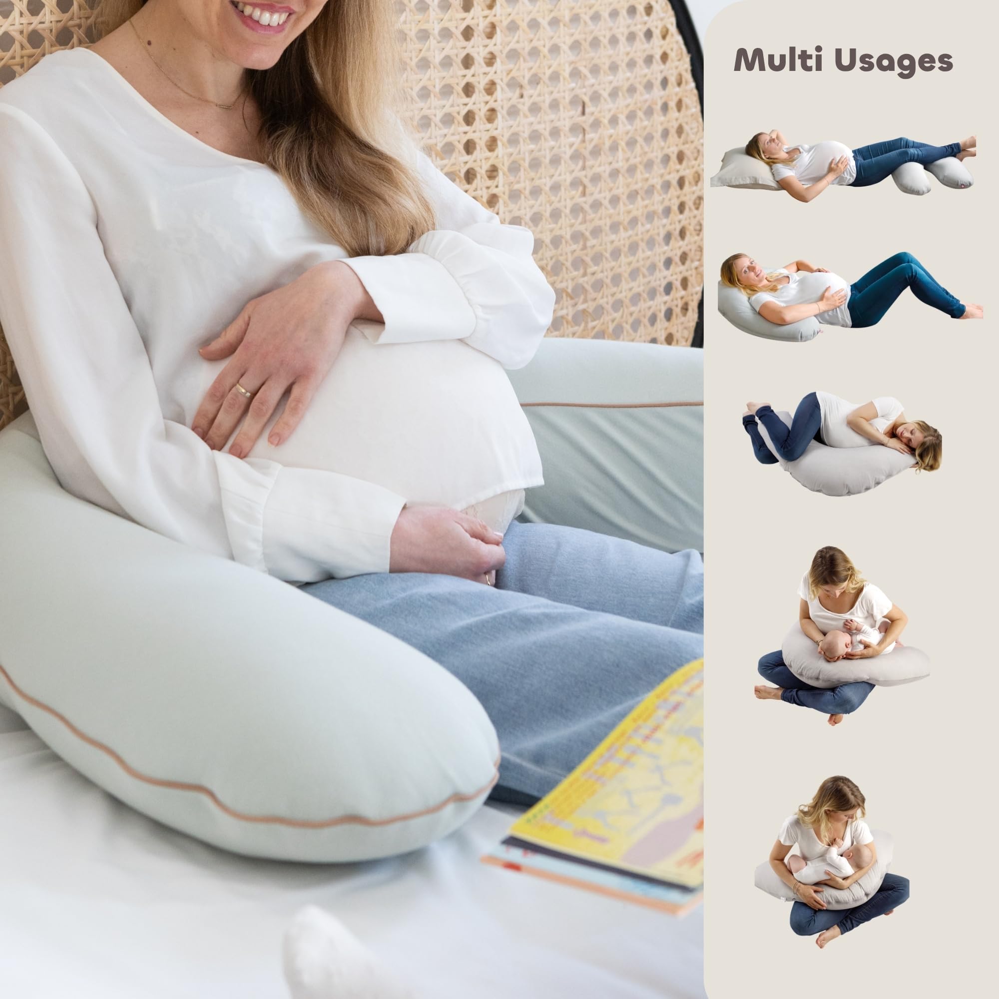 BEABA Coussin de Grossesse & Allaitement XXL 180 cm, Coussin Multifonctions Maternité, Soutien Corps Entier, Microbilles Silencieuses, Déhoussable & Lavable, OEKOTEX, French Terry, Pistache